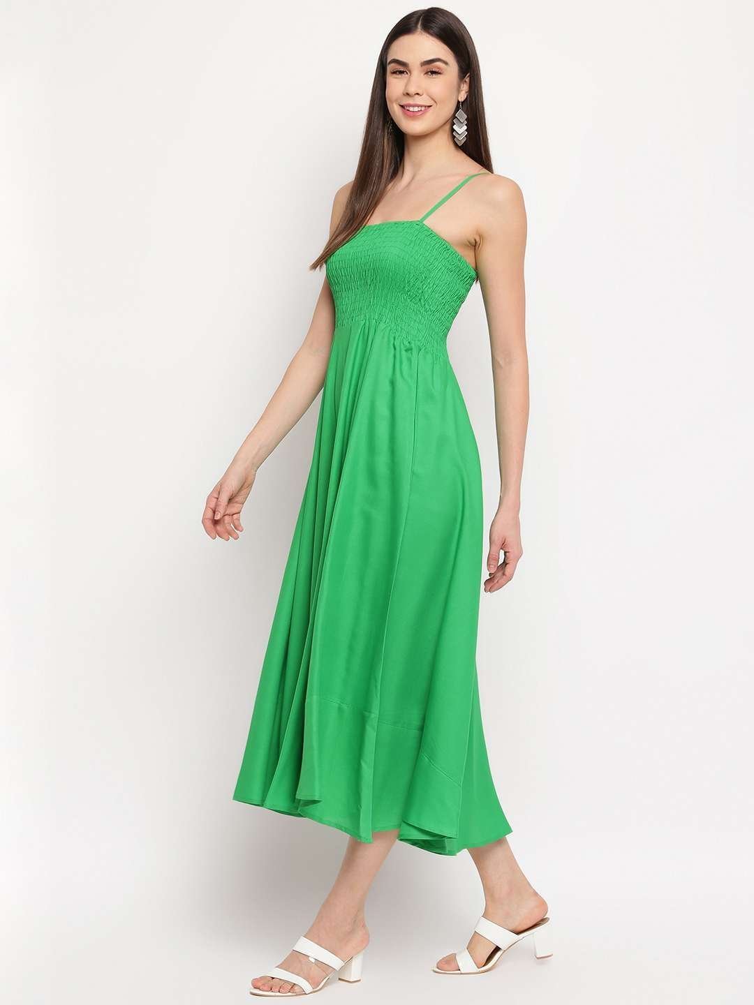 Women’s Viscose Rayon Solid Shoulder Straps Sleeveless Flared Gown Drees (Green)