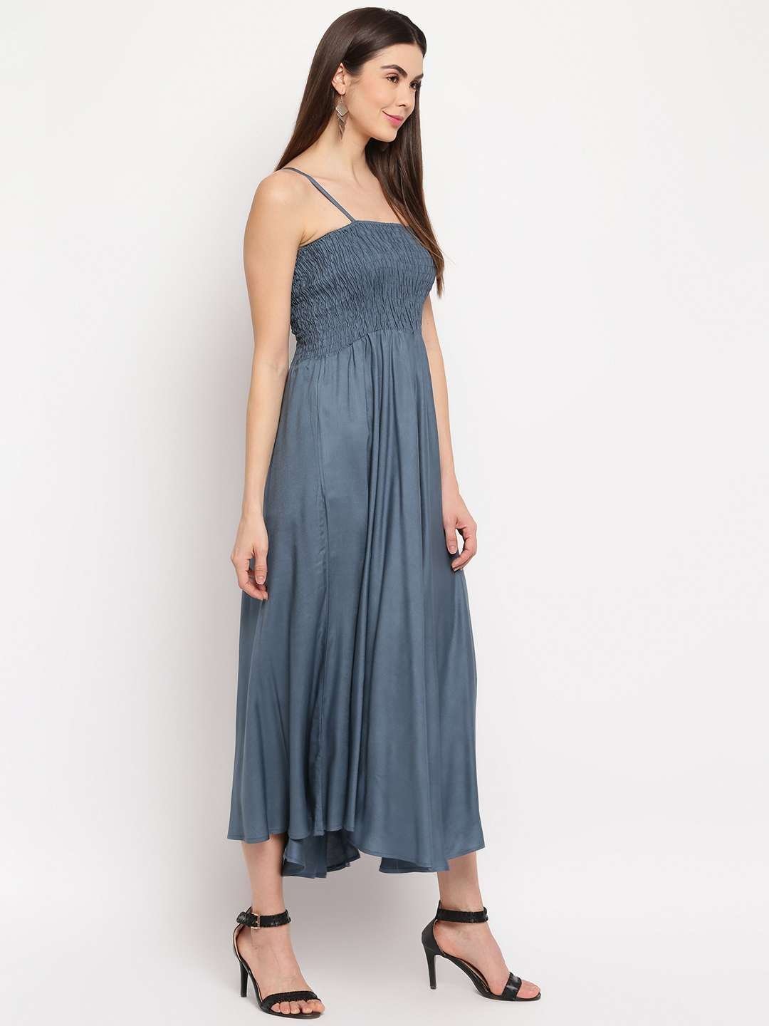 Women’s Viscose Rayon Solid Shoulder Straps Sleeveless Flared Gown Drees (Grey)