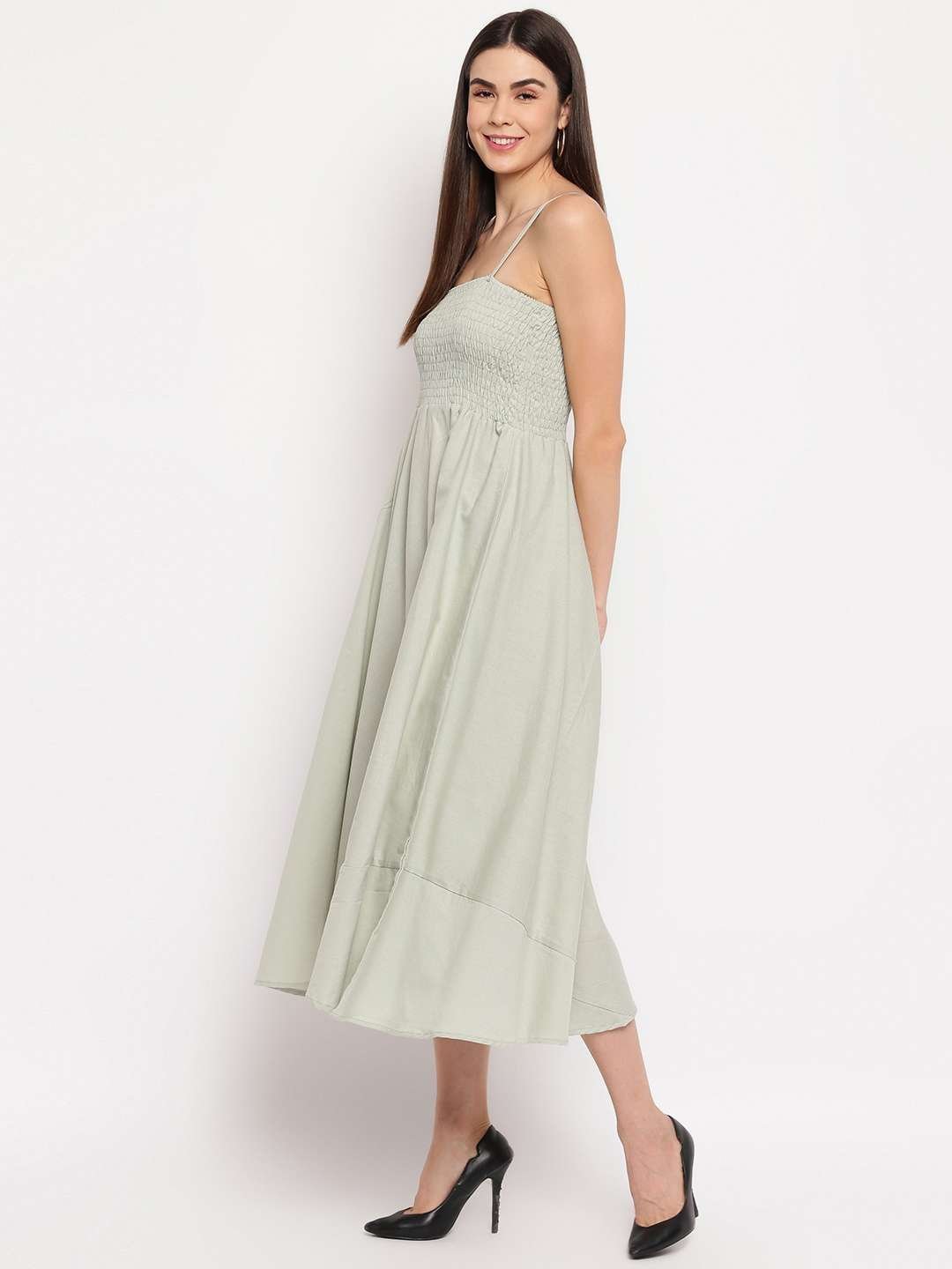 Women’s Viscose Rayon Solid Shoulder Straps Sleeveless Flared Gown Drees (Light Grey)