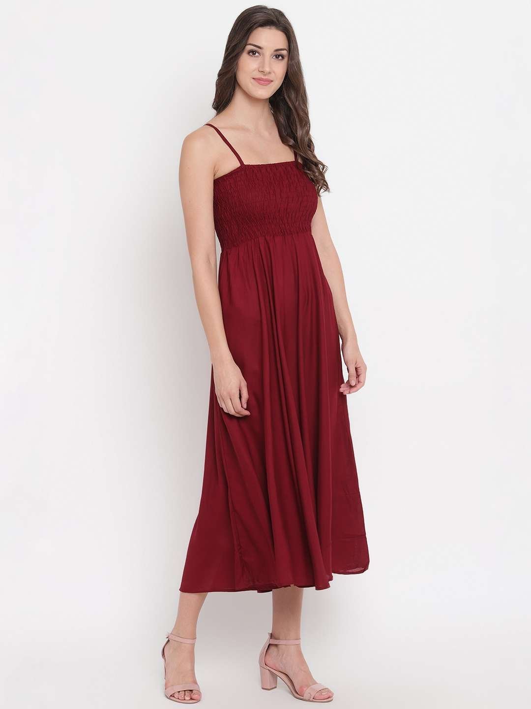 Women’s Viscose Rayon Solid Shoulder Straps Sleeveless Flared Gown Drees (Maroon)