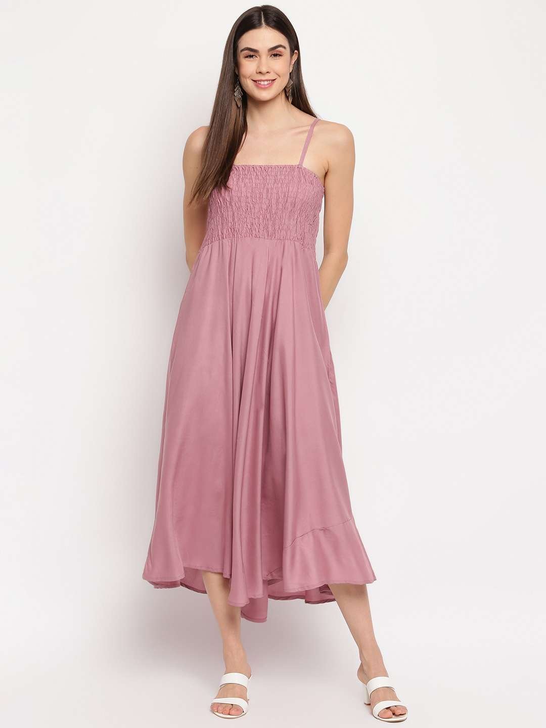 Women’s Viscose Rayon Solid Shoulder Straps Sleeveless Flared Gown Drees (MAUVE)