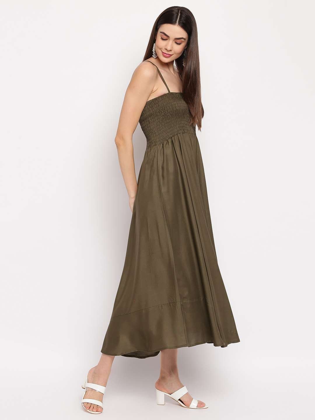 Women’s Viscose Rayon Solid Shoulder Straps Sleeveless Flared Gown Drees (Olive Green)