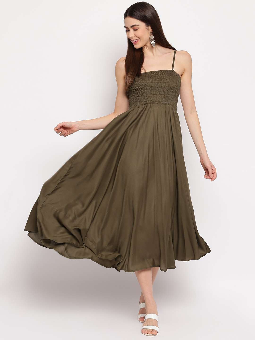 Women’s Viscose Rayon Solid Shoulder Straps Sleeveless Flared Gown Drees (Olive Green)