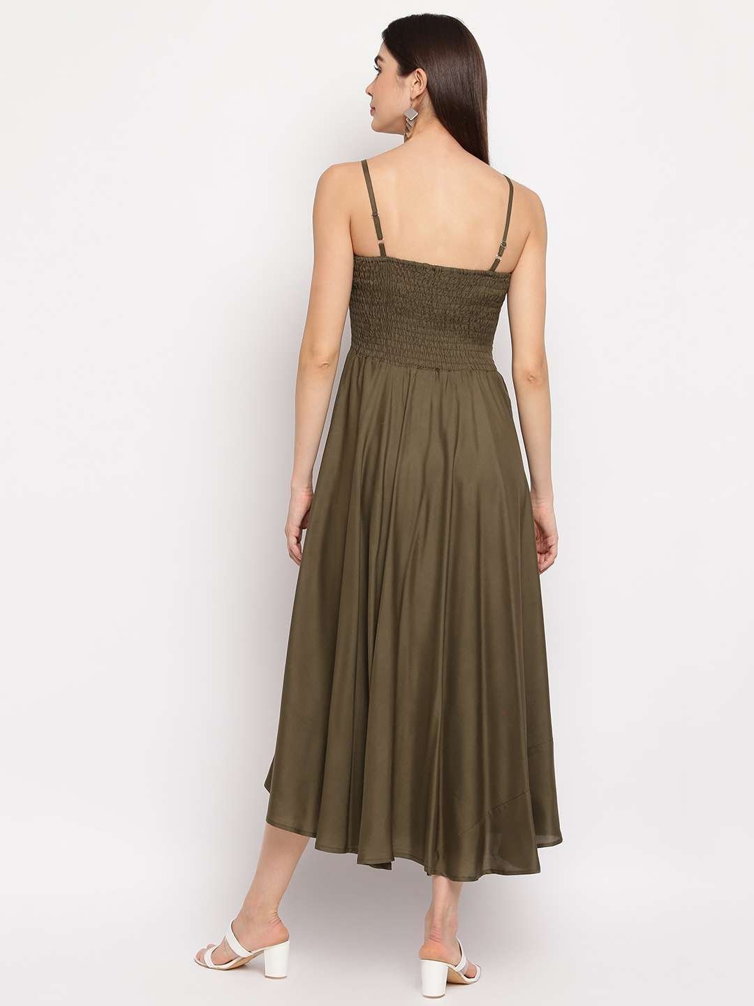 Women’s Viscose Rayon Solid Shoulder Straps Sleeveless Flared Gown Drees (Olive Green)
