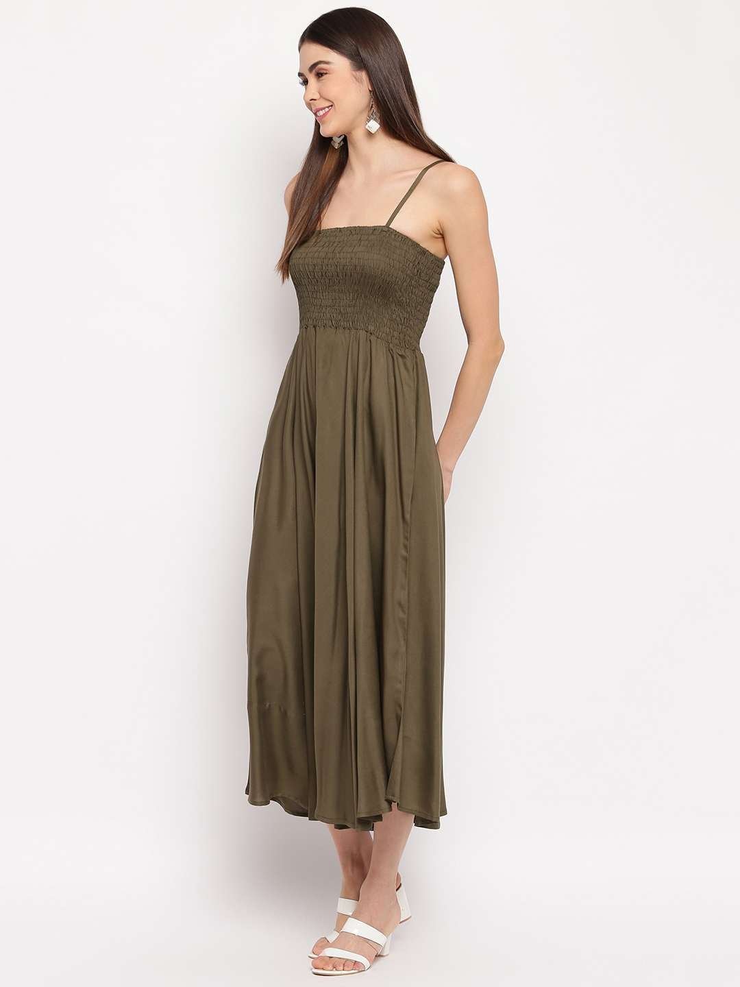 Women’s Viscose Rayon Solid Shoulder Straps Sleeveless Flared Gown Drees (Olive Green)