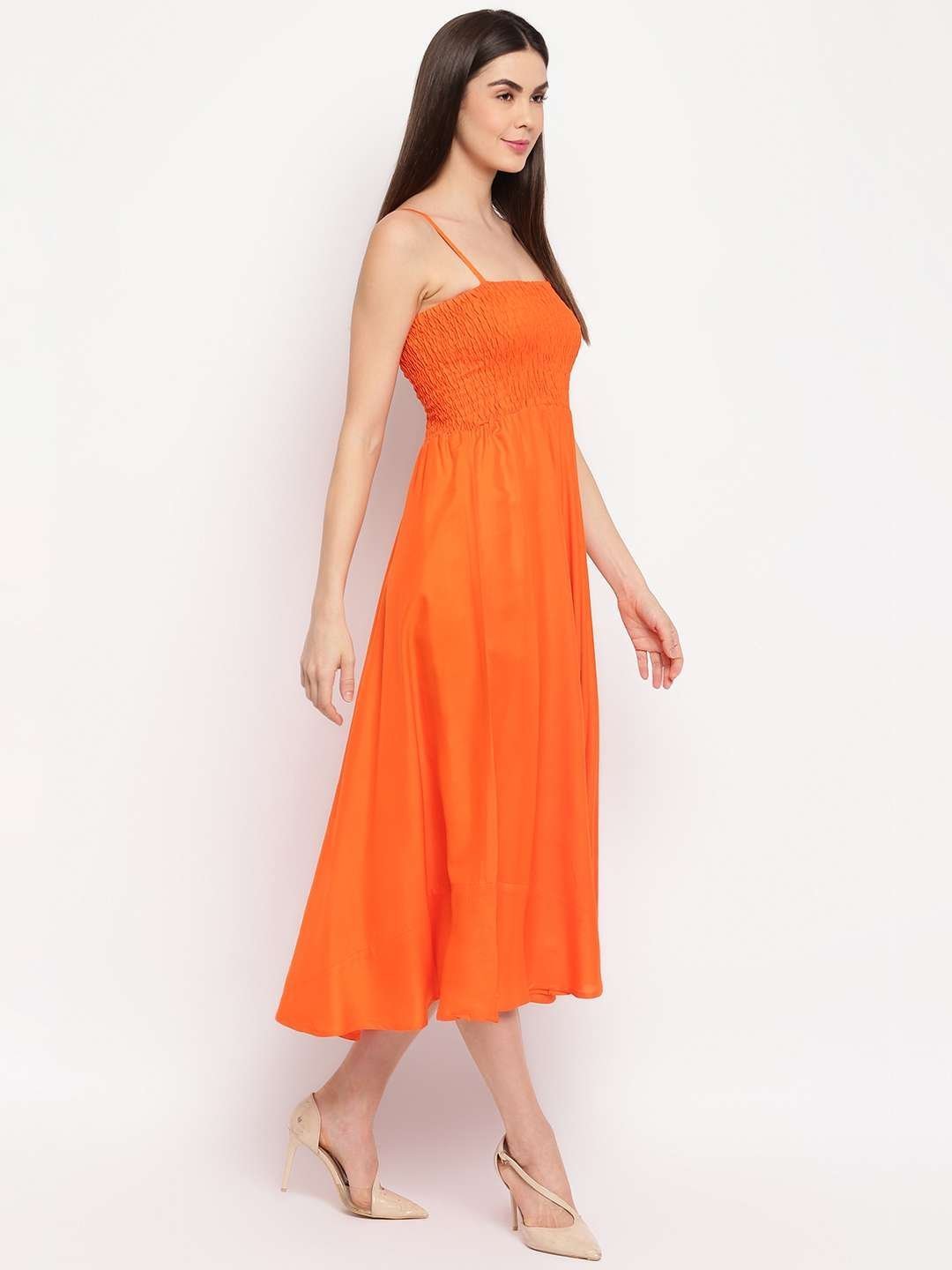 Women’s Viscose Rayon Solid Shoulder Straps Sleeveless Flared Gown Drees (Orange)