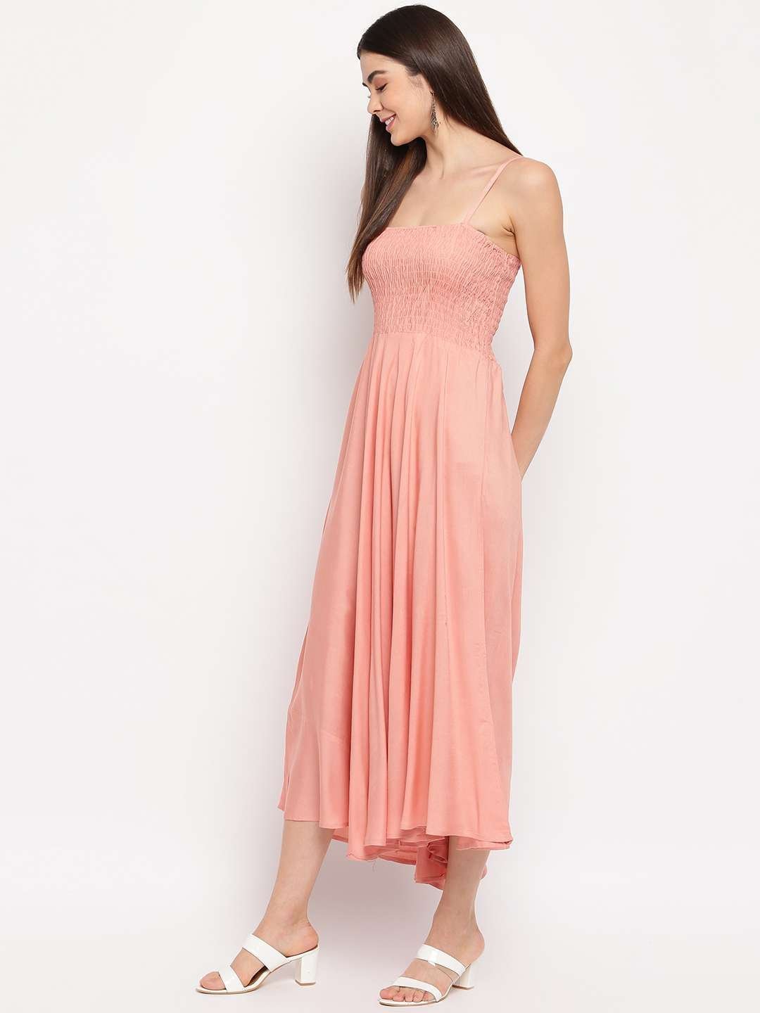 Women’s Viscose Rayon Solid Shoulder Straps Sleeveless Flared Gown Drees (Peach)