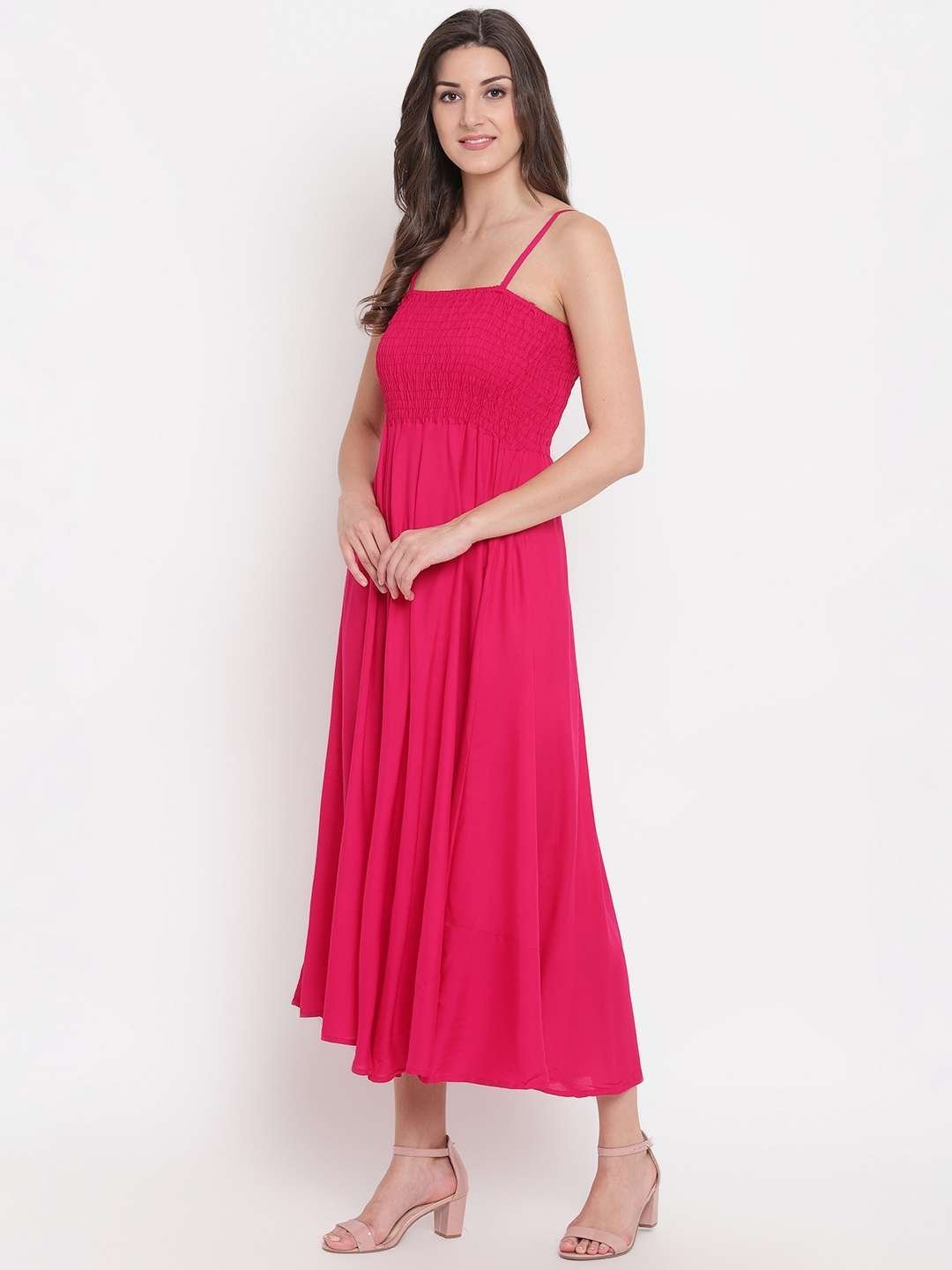 Women’s Viscose Rayon Solid Shoulder Straps Sleeveless Flared Gown Drees (Pink)