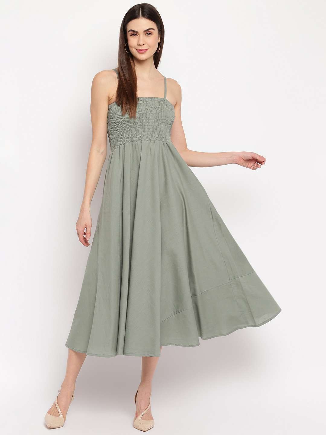 Women’s Viscose Rayon Solid Shoulder Straps Sleeveless Flared Gown Drees (Pista)