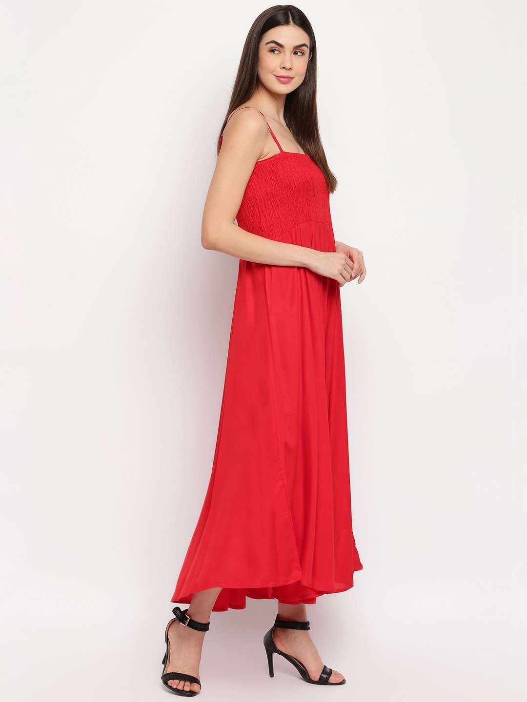 Women’s Viscose Rayon Solid Shoulder Straps Sleeveless Flared Gown Drees (Red)