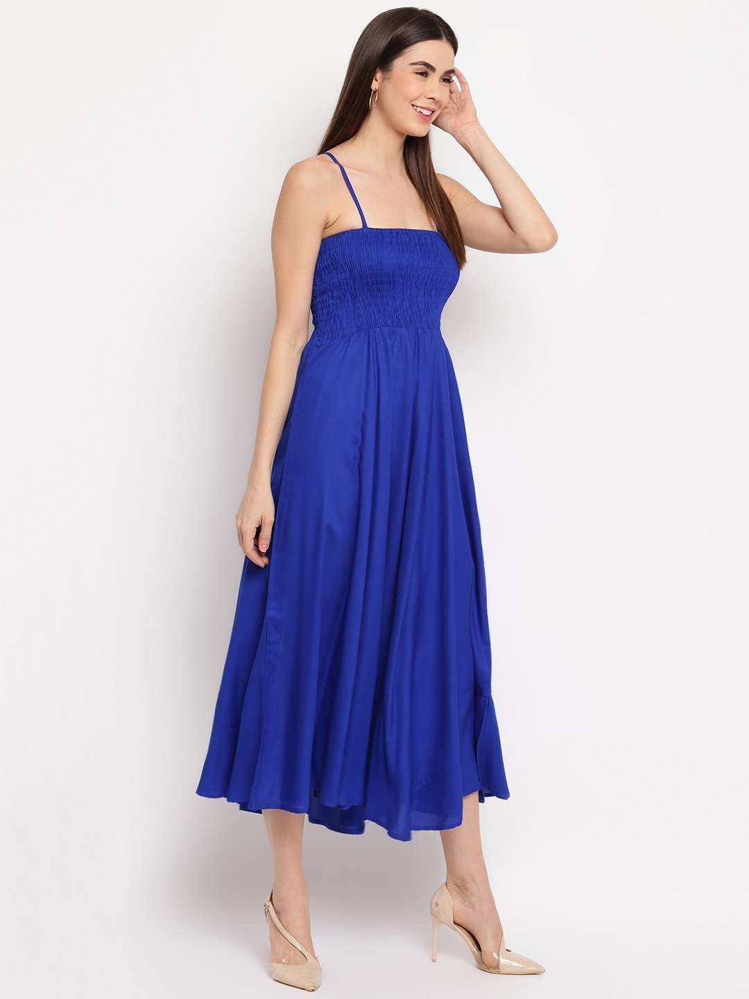 Women’s Viscose Rayon Solid Shoulder Straps Sleeveless Flared Gown Drees (Royal Blue)