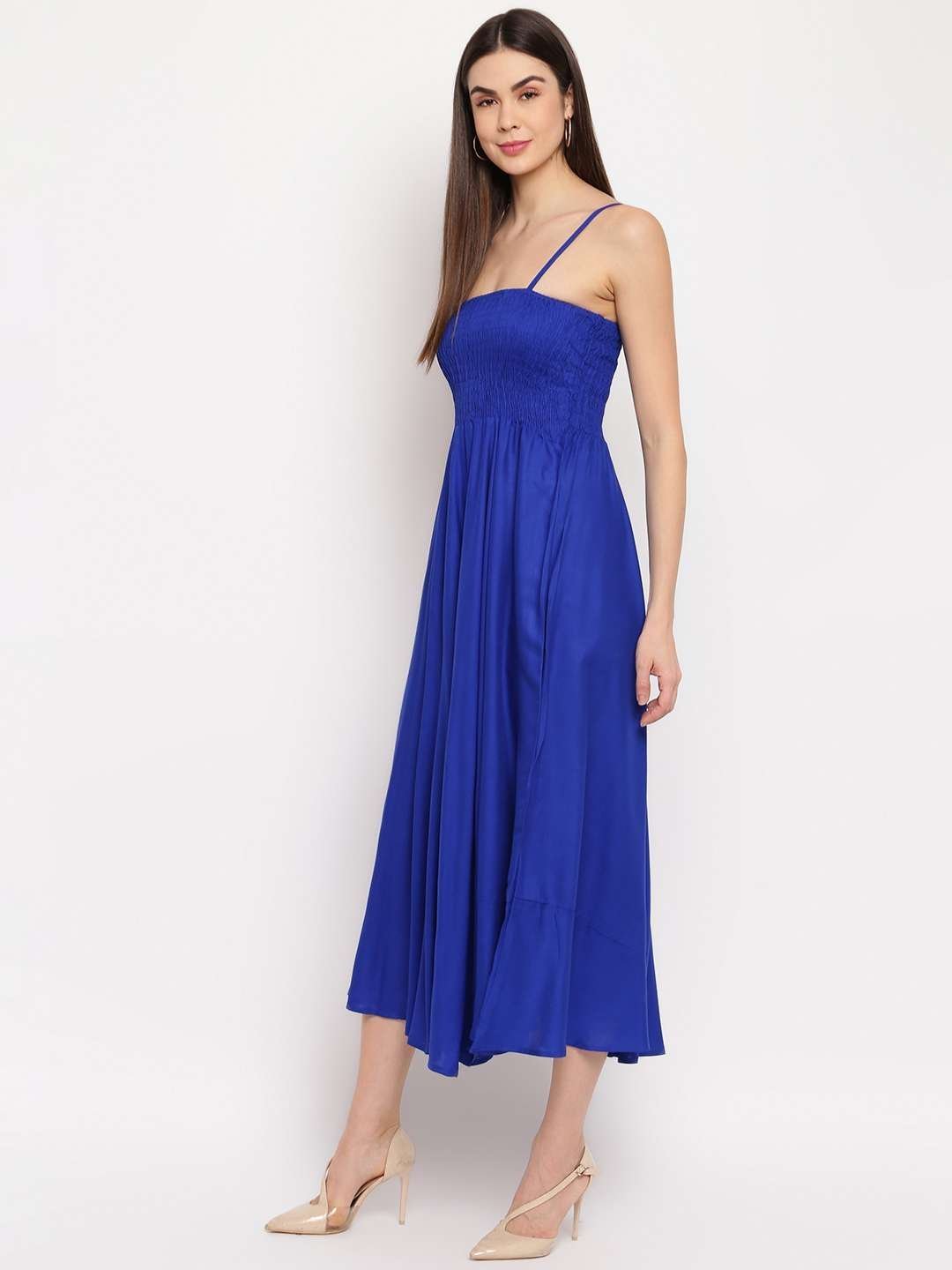 Women’s Viscose Rayon Solid Shoulder Straps Sleeveless Flared Gown Drees (Royal Blue)