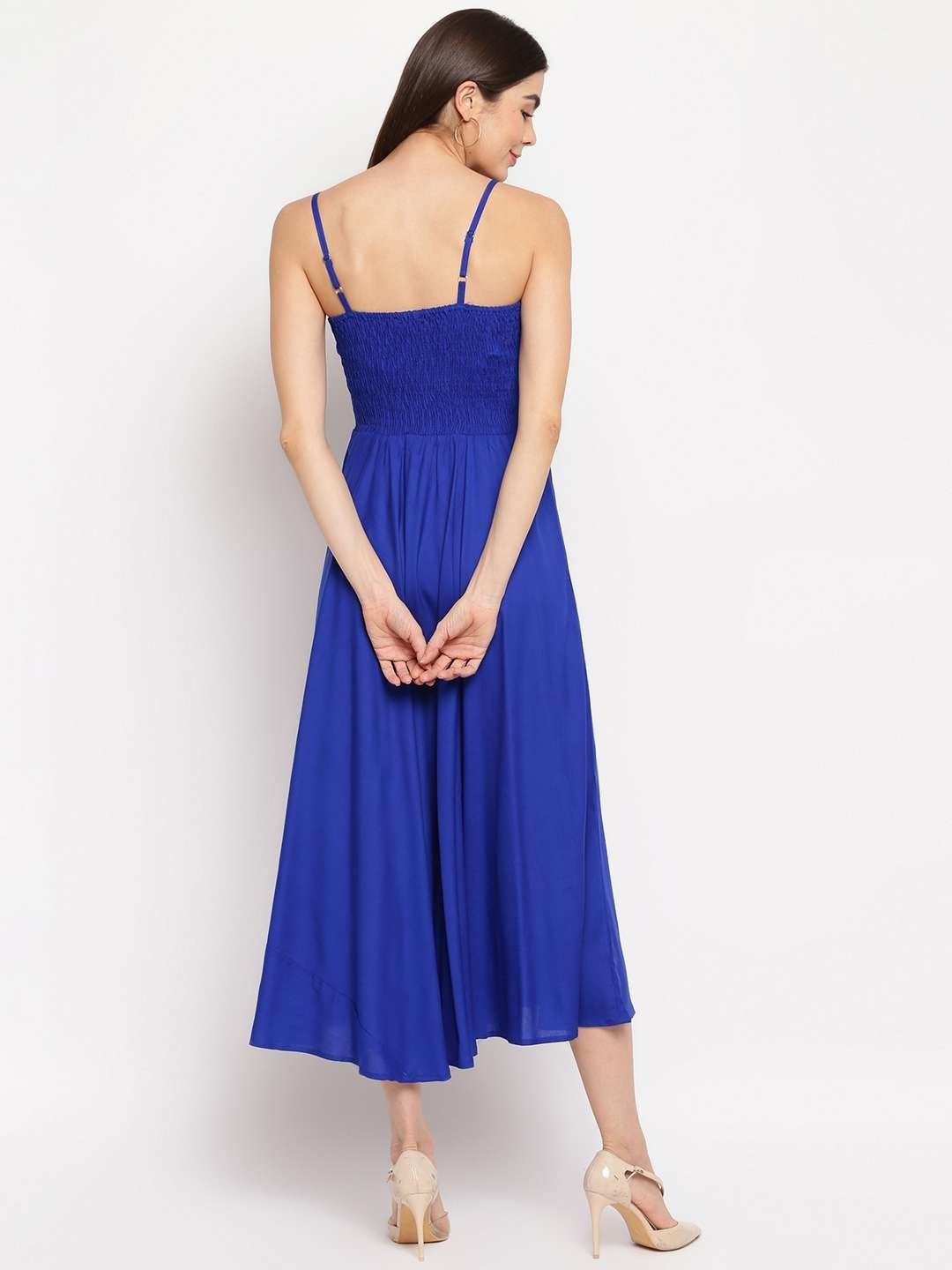 Women’s Viscose Rayon Solid Shoulder Straps Sleeveless Flared Gown Drees (Royal Blue)