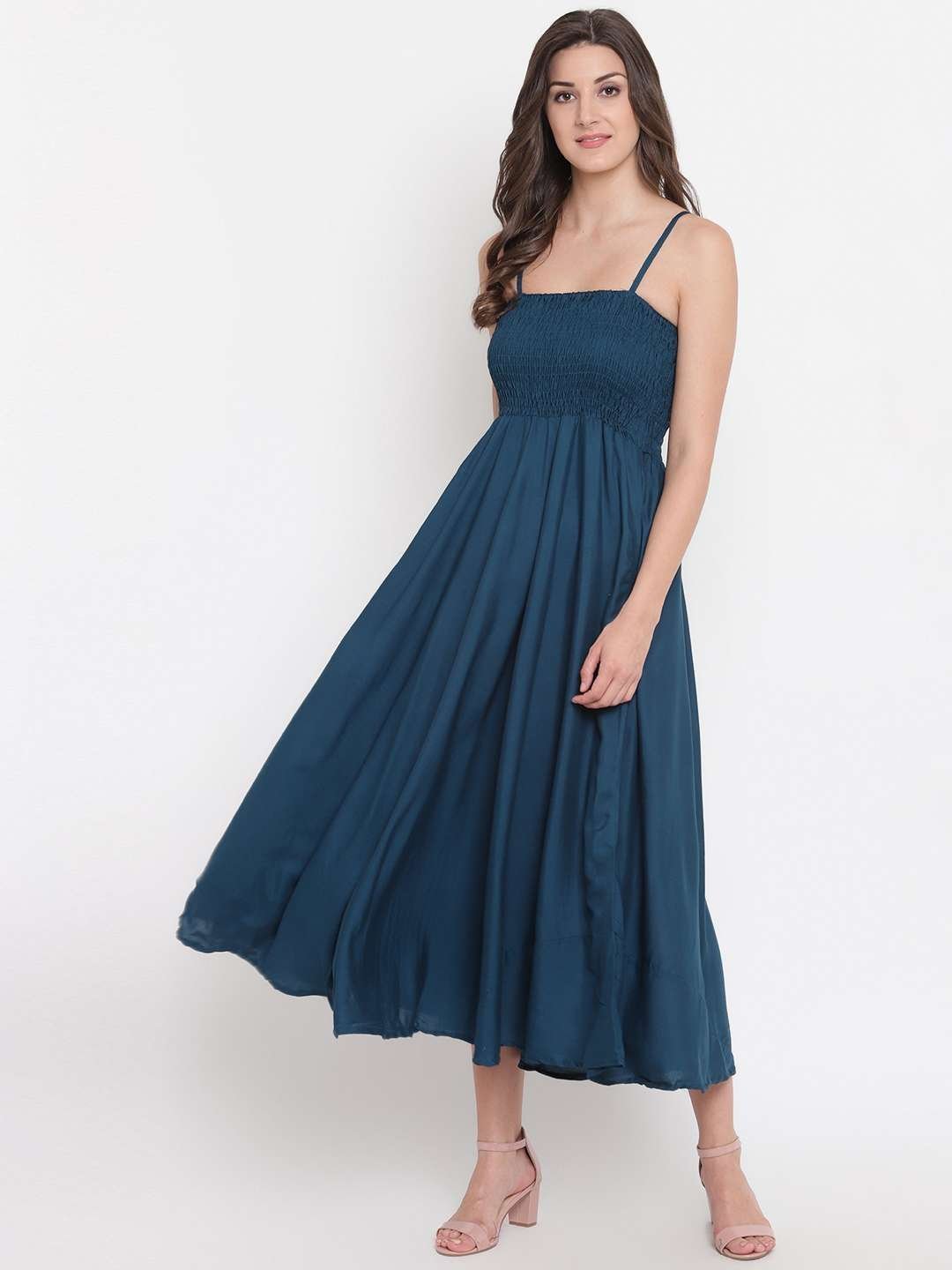 Women’s Viscose Rayon Solid Shoulder Straps Sleeveless Flared Gown Drees (Teal Blue)