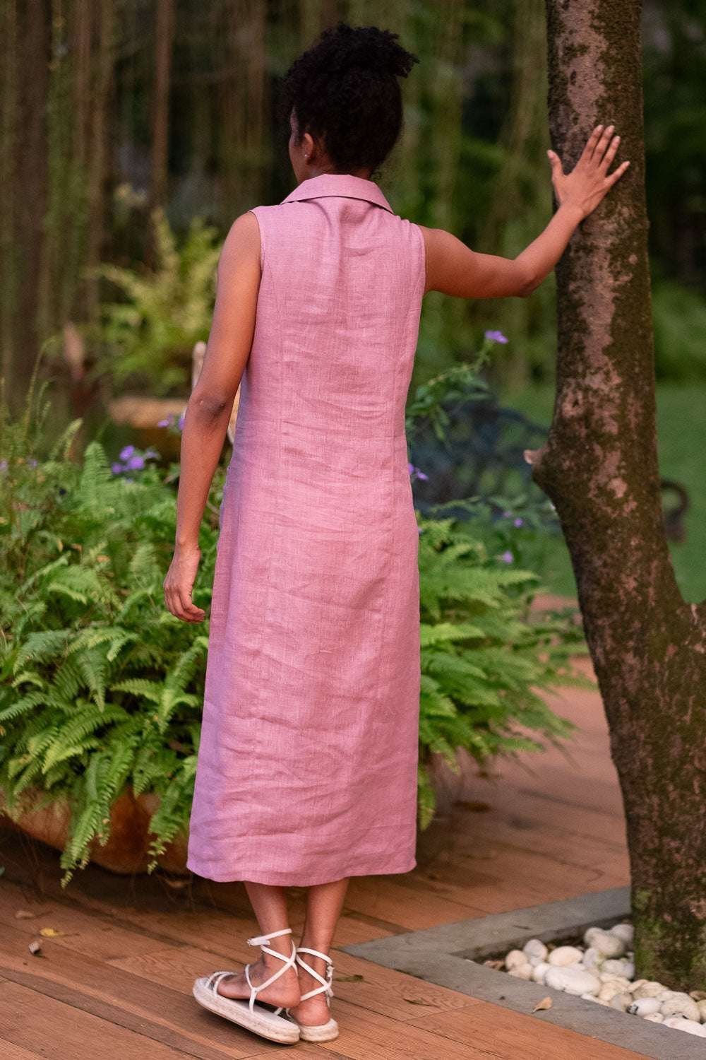 Women’s Cotton Solid Oversized Fit Spread Collar Sleeveless Dresses ( Baby Pink )