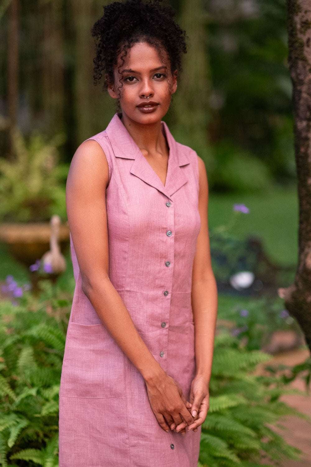 Women’s Cotton Solid Oversized Fit Spread Collar Sleeveless Dresses ( Baby Pink )