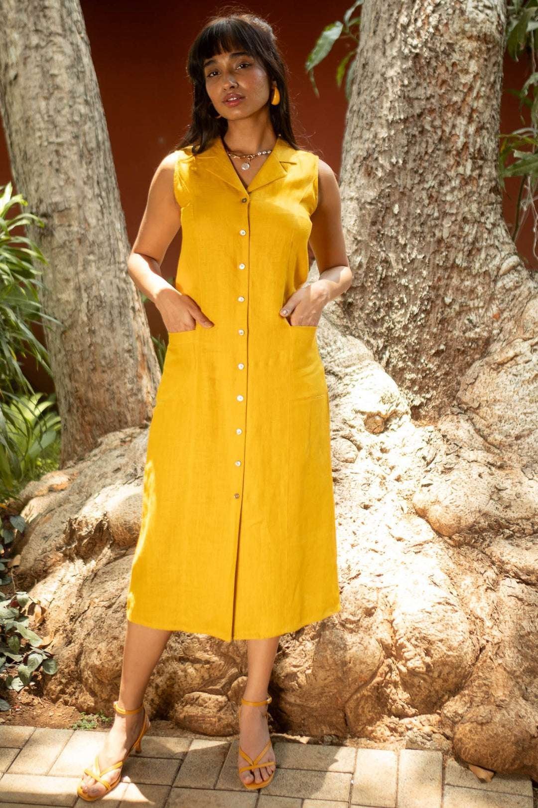 Women’s Cotton Solid Oversized Fit Spread Collar Sleeveless Dresses ( Golden )