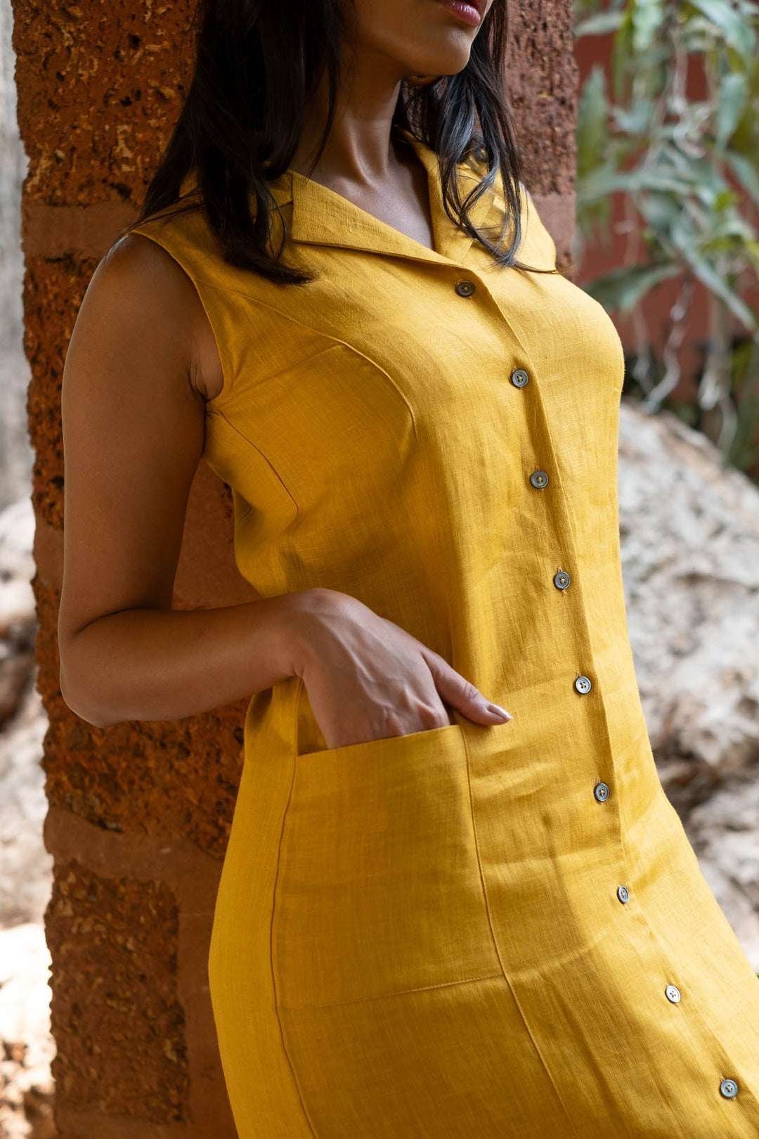 Women’s Cotton Solid Oversized Fit Spread Collar Sleeveless Dresses ( Golden )