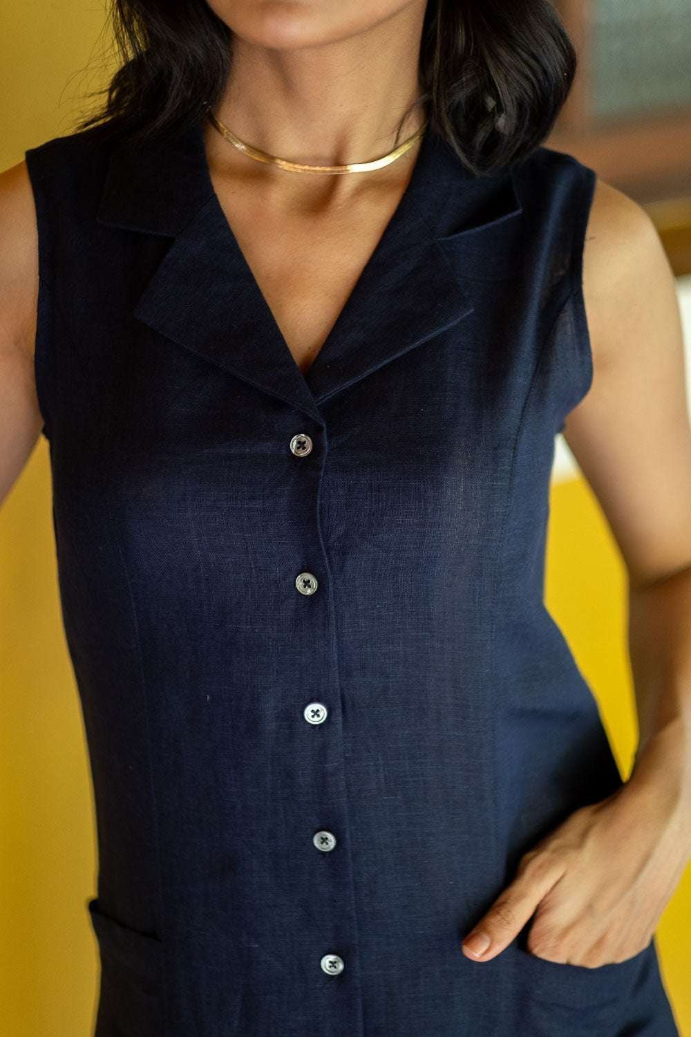 Women’s Cotton Solid Oversized Fit Spread Collar Sleeveless Dresses ( Navy Blue )