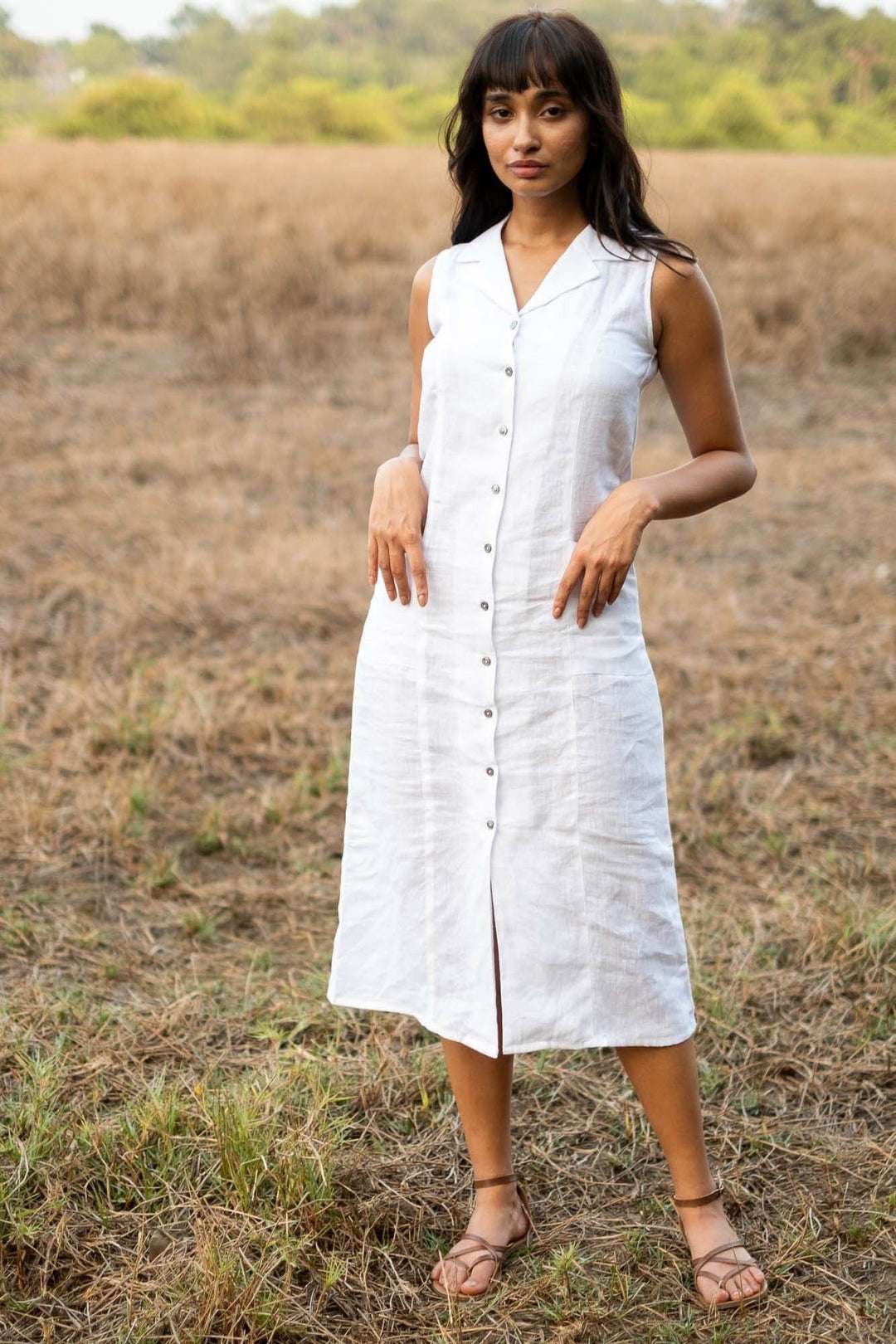 Women’s Cotton Solid Oversized Fit Spread Collar Sleeveless Dresses ( White )