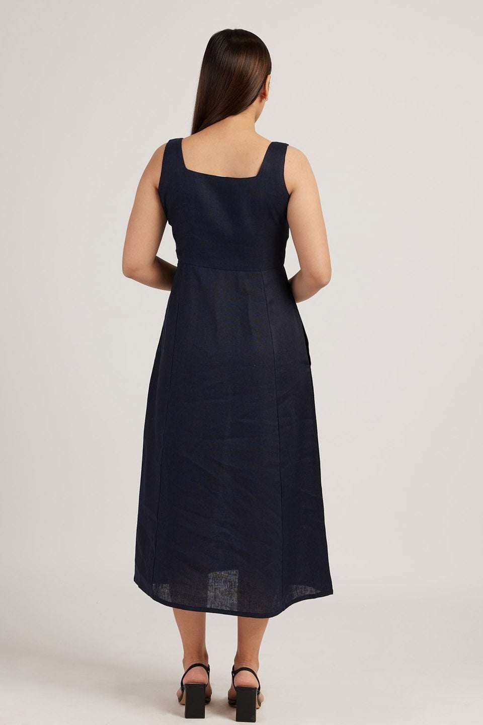 Women’s Cotton Solid Pain Sleeveless Midi Dress Stylish Western One Piece Casual Empire Dress  ( Indigo )