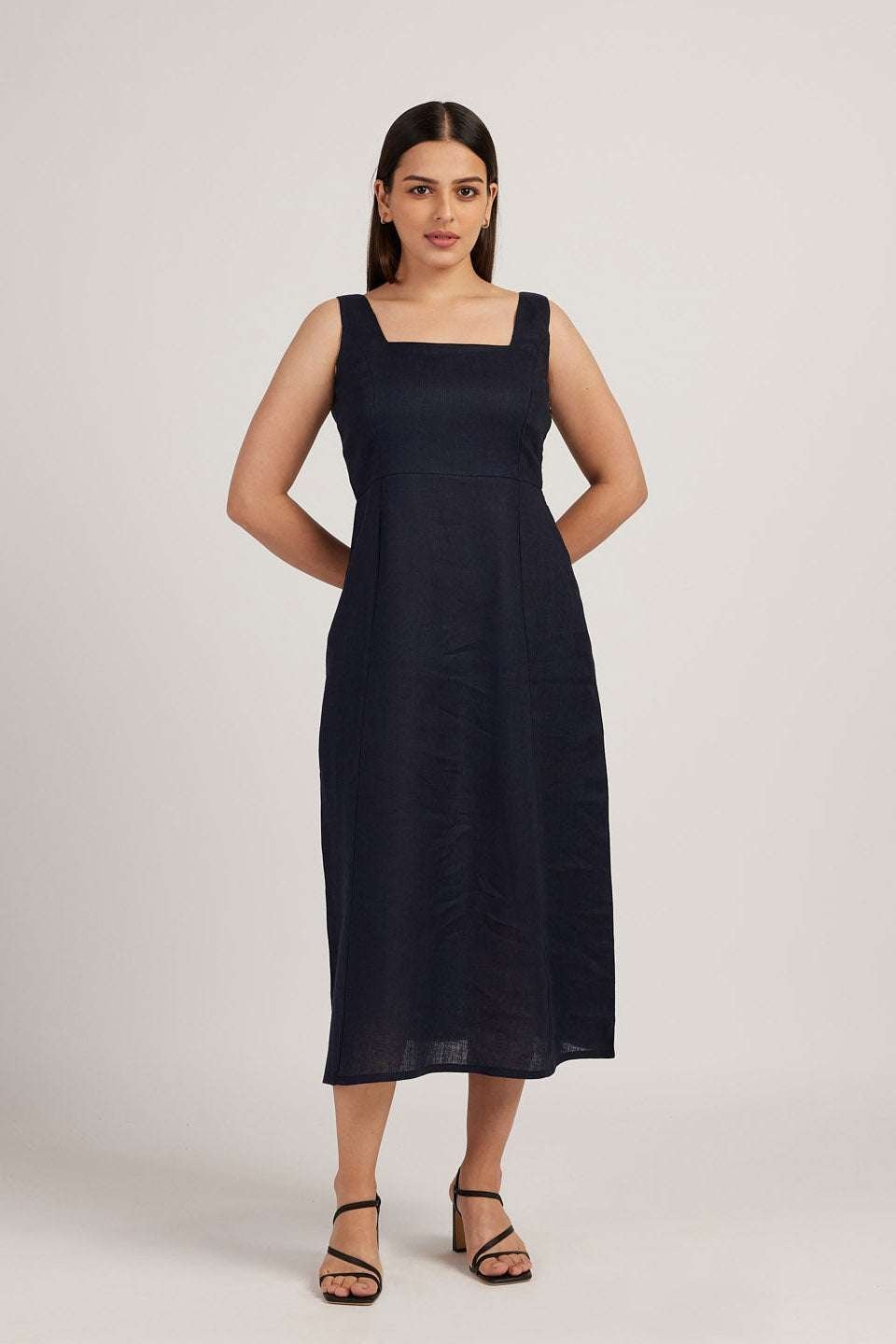 Women’s Cotton Solid Pain Sleeveless Midi Dress Stylish Western One Piece Casual Empire Dress  ( Indigo )