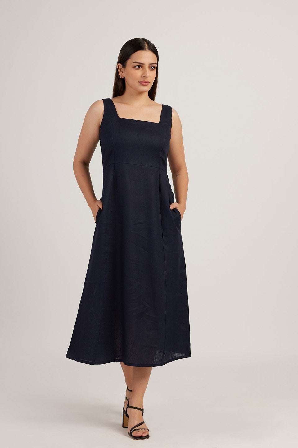 Women’s Cotton Solid Pain Sleeveless Midi Dress Stylish Western One Piece Casual Empire Dress  ( Indigo )