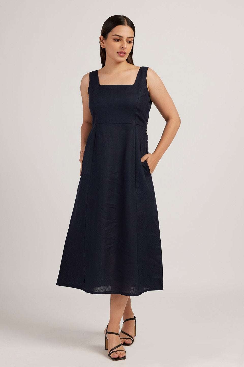 Women’s Cotton Solid Pain Sleeveless Midi Dress Stylish Western One Piece Casual Empire Dress  ( Indigo )