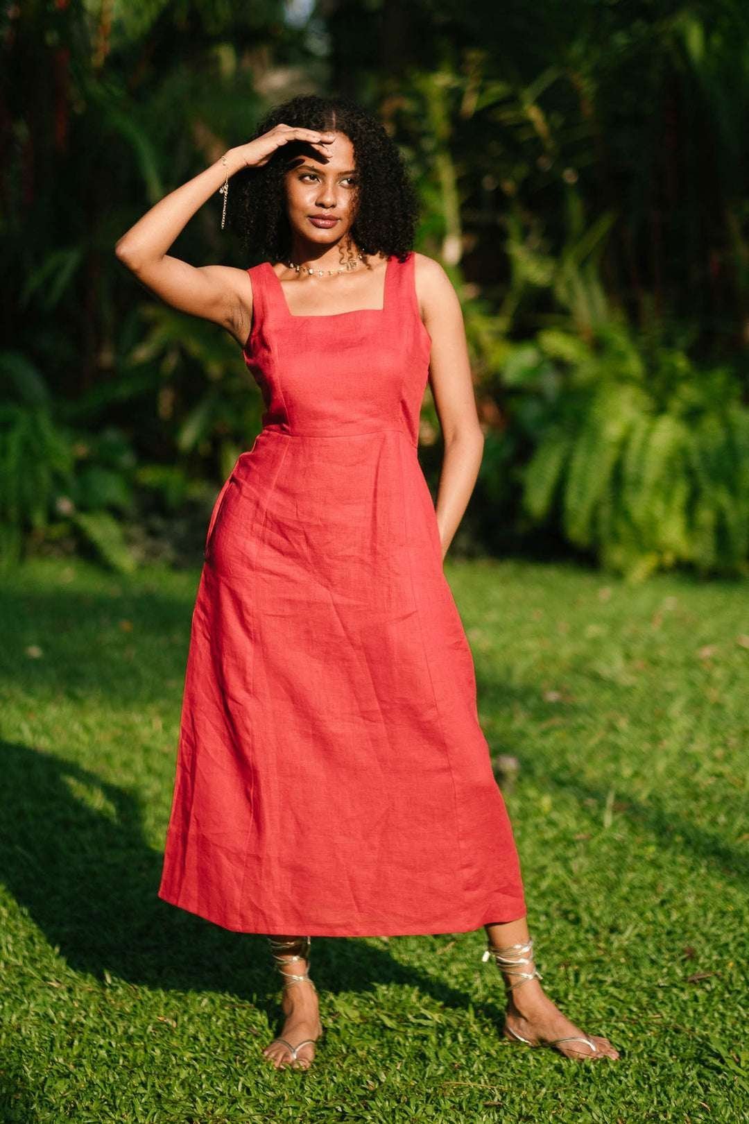 Women’s Cotton Solid Pain Sleeveless Midi Dress Stylish Western One Piece Casual Empire Dress  ( Maroon )