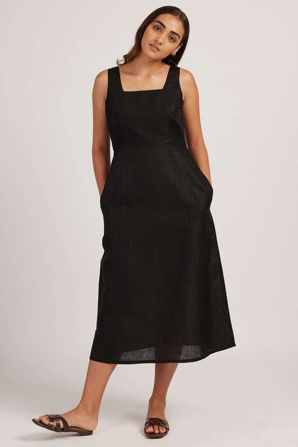 Women’s Cotton Solid Pain Sleeveless Midi Dress Stylish Western One Piece Casual Empire Dress  ( Midnight Black )