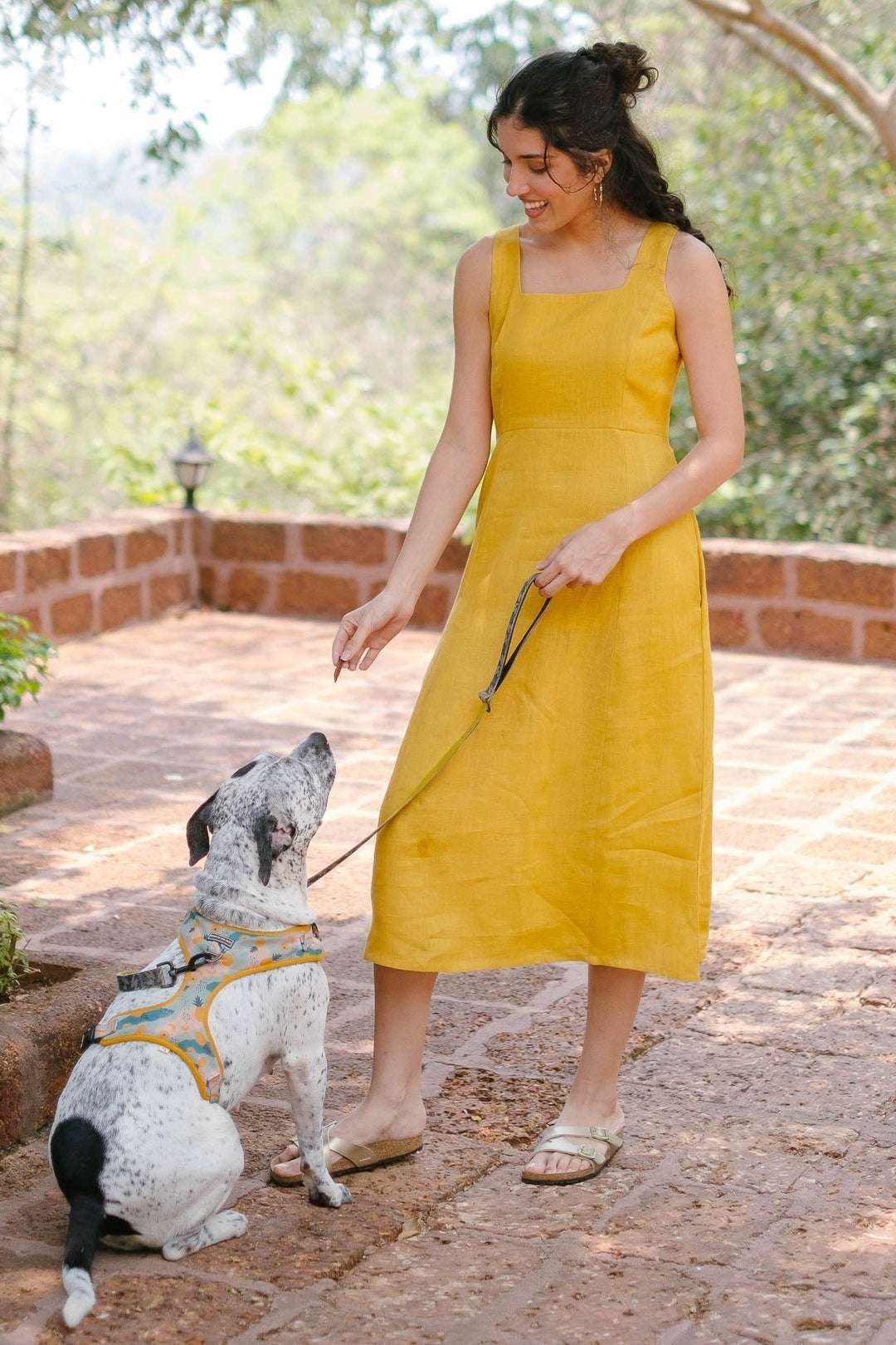 Women’s Cotton Solid Pain Sleeveless Midi Dress Stylish Western One Piece Casual Empire Dress  ( Mustard )