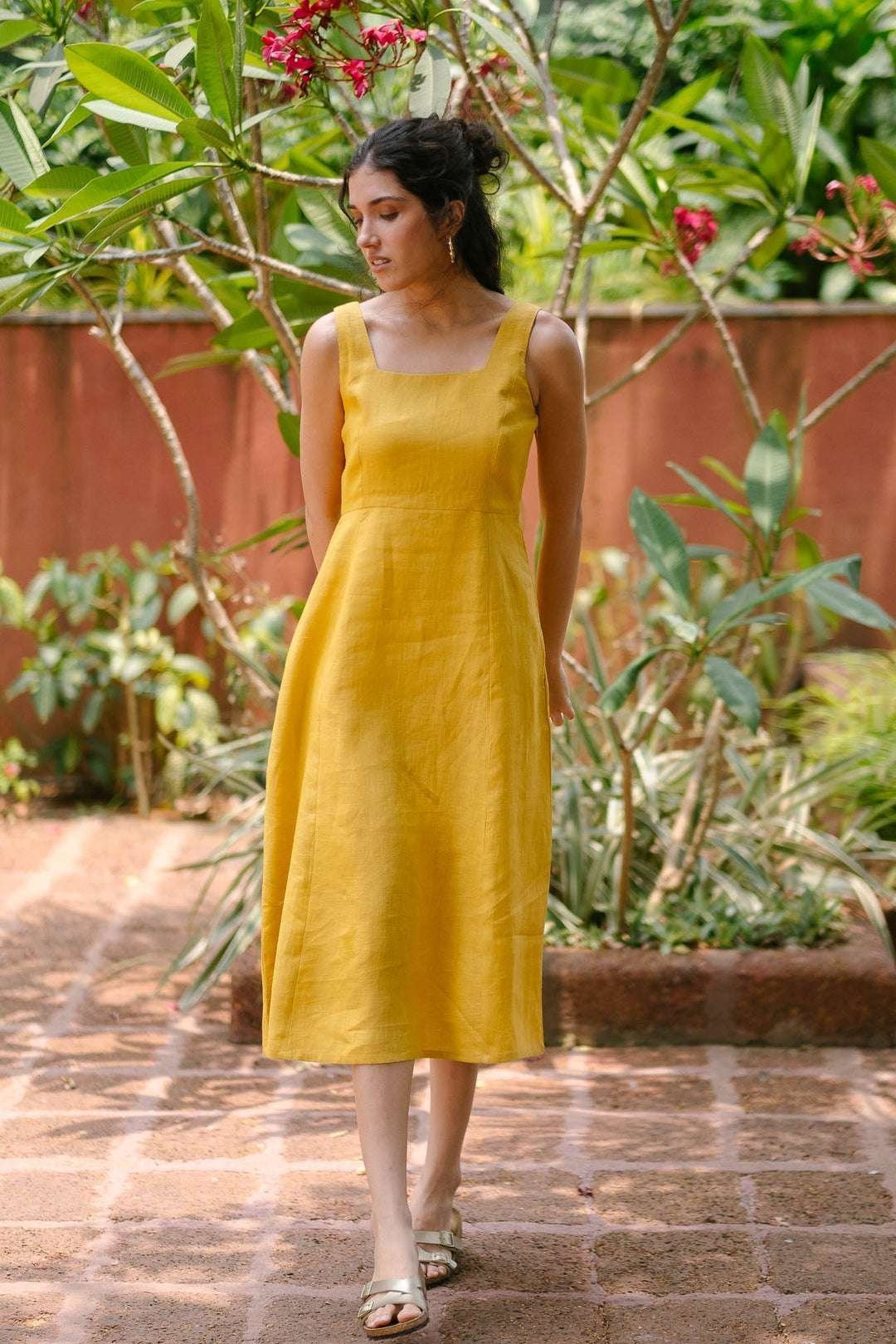 Women’s Cotton Solid Pain Sleeveless Midi Dress Stylish Western One Piece Casual Empire Dress  ( Mustard )