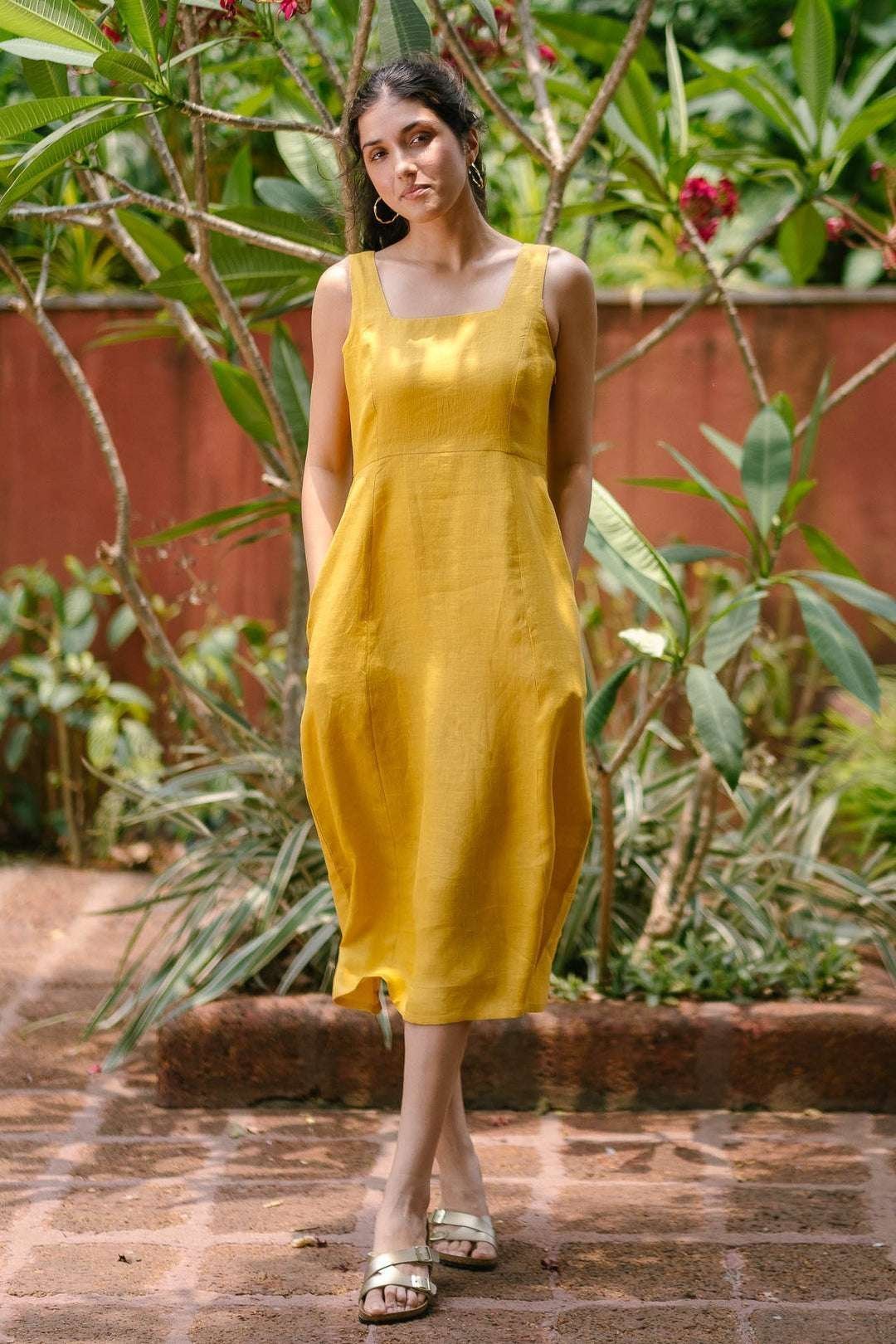 Women’s Cotton Solid Pain Sleeveless Midi Dress Stylish Western One Piece Casual Empire Dress  ( Mustard )