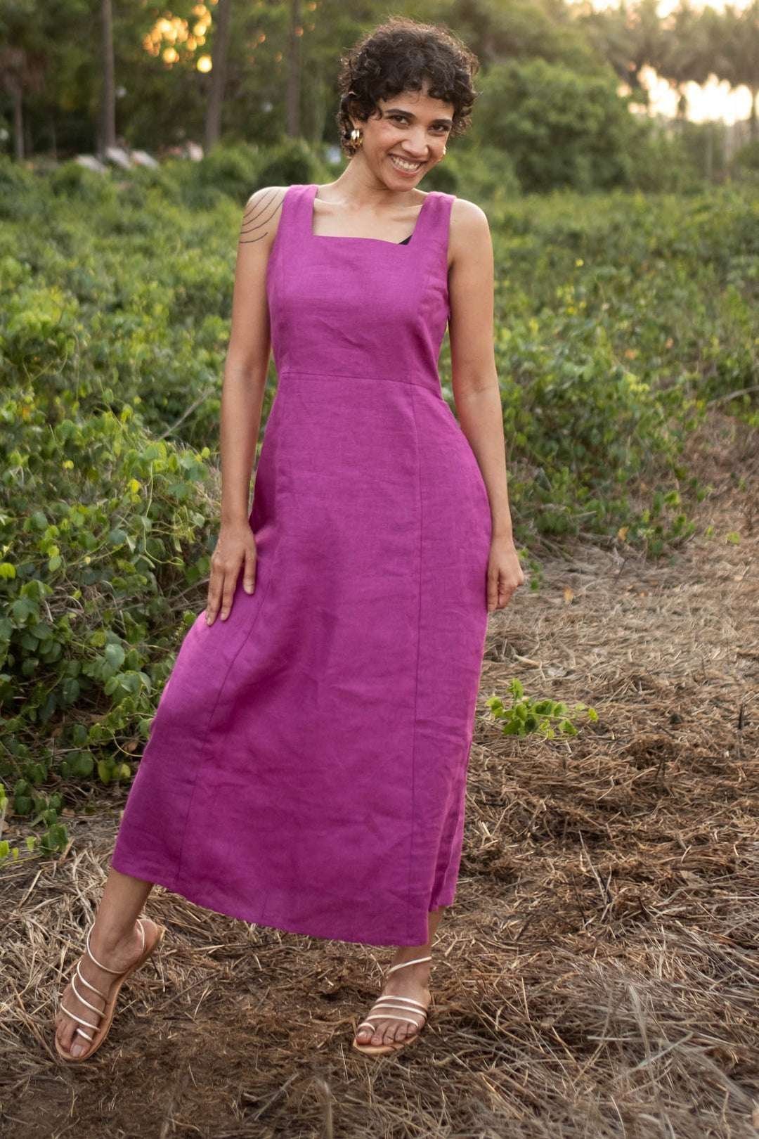 Women’s Cotton Solid Pain Sleeveless Midi Dress Stylish Western One Piece Casual Empire Dress  ( Purple )