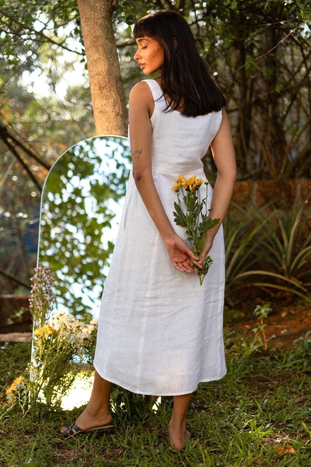 Women’s Cotton Solid Pain Sleeveless Midi Dress Stylish Western One Piece Casual Empire Dress  ( White )