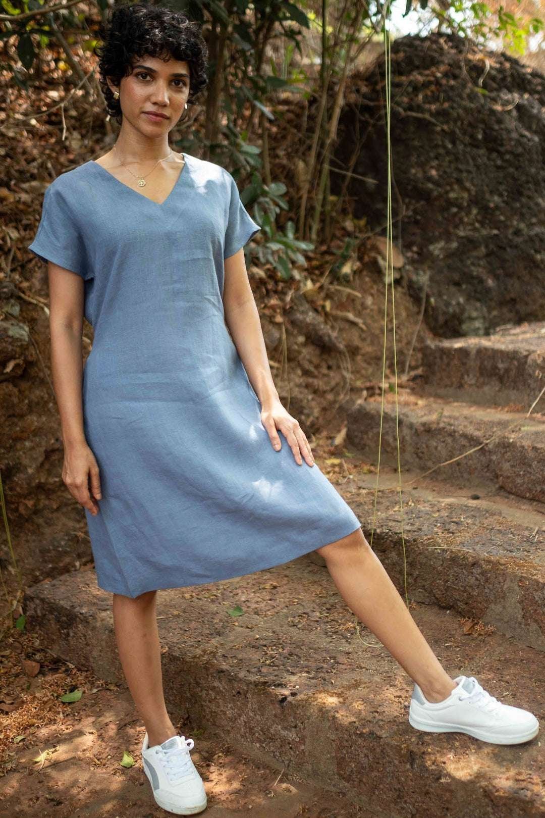 Women’s Cotton Sweet Shift Tunic Short Dress half Sleeves V Neck Causal Mini Dress with Pockets ( Grey )