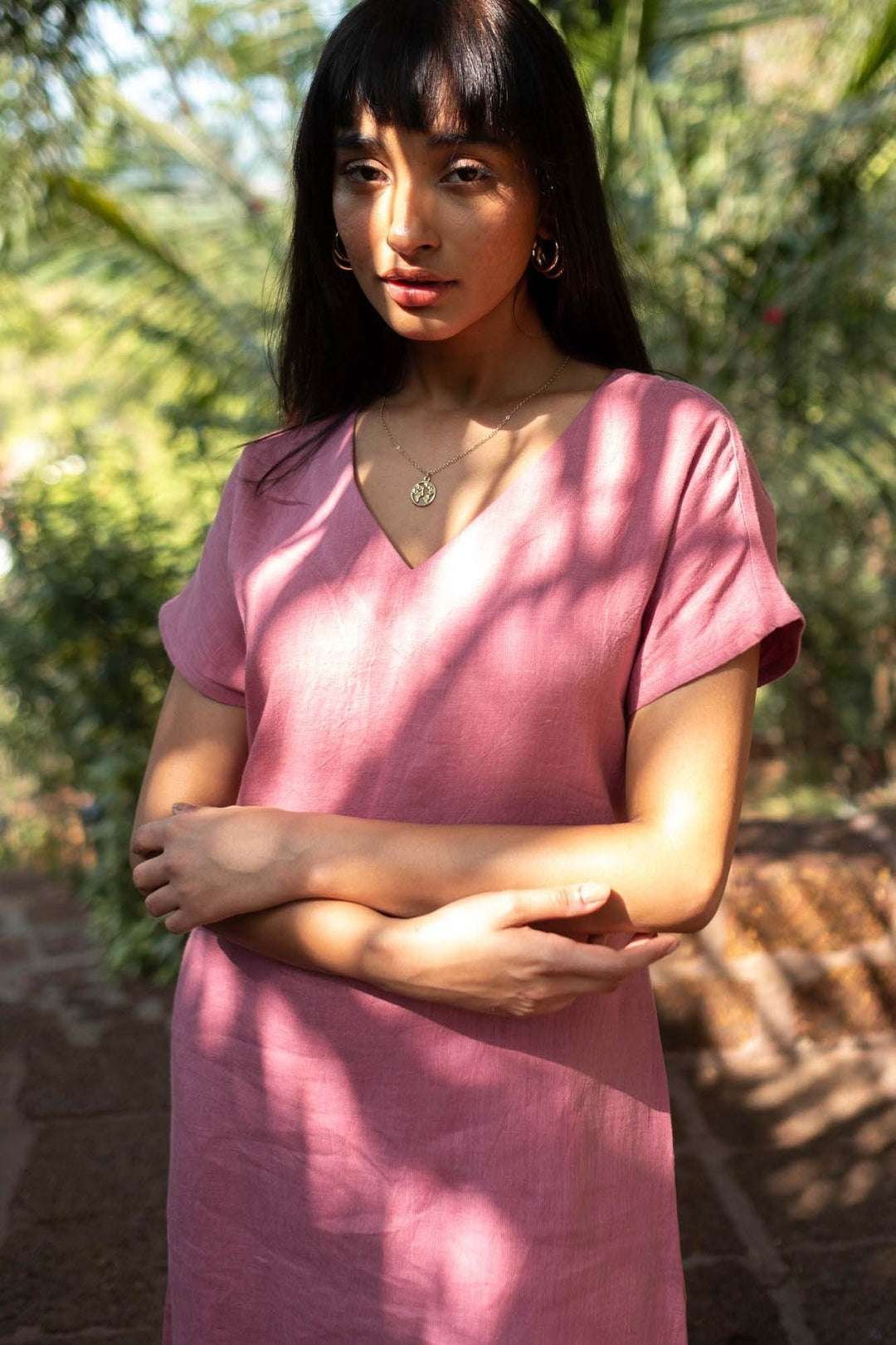 Women’s Cotton Sweet Shift Tunic Short Dress half Sleeves V Neck Causal Mini Dress with Pockets ( Purple )
