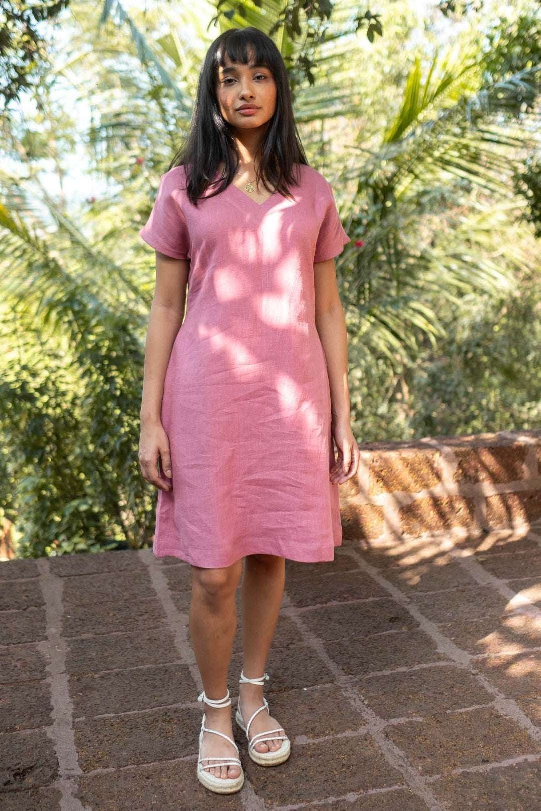 Women’s Cotton Sweet Shift Tunic Short Dress half Sleeves V Neck Causal Mini Dress with Pockets ( Purple )