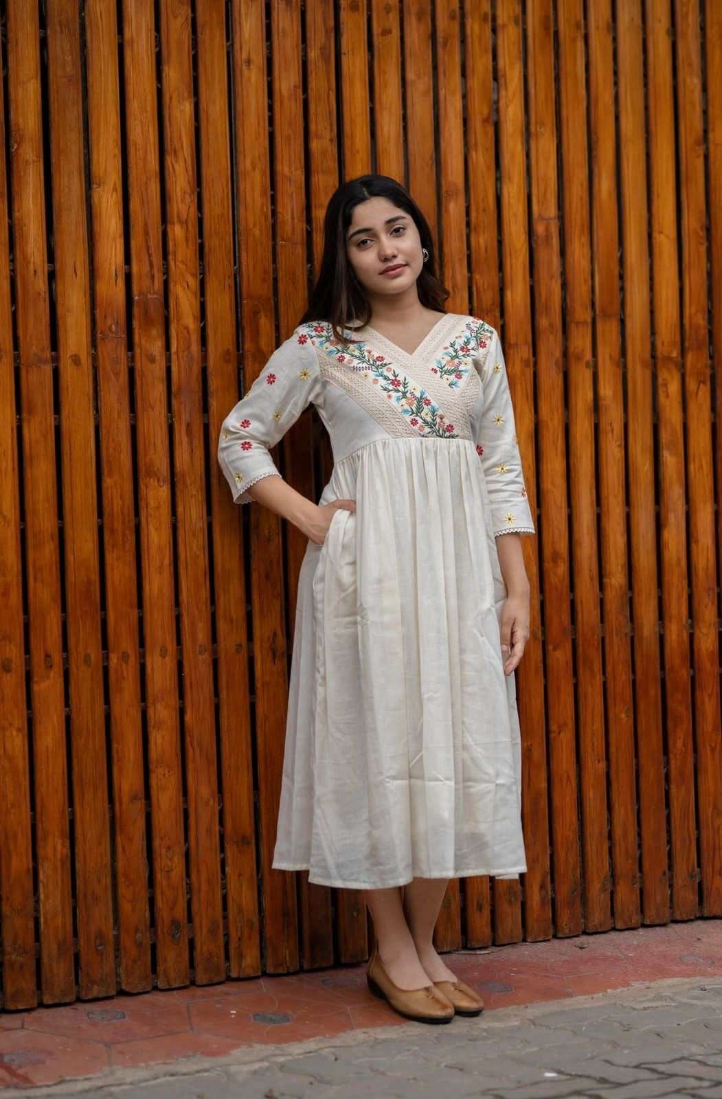 Women’s Cotton Embroidered Short Anarkali Gown (Off White)