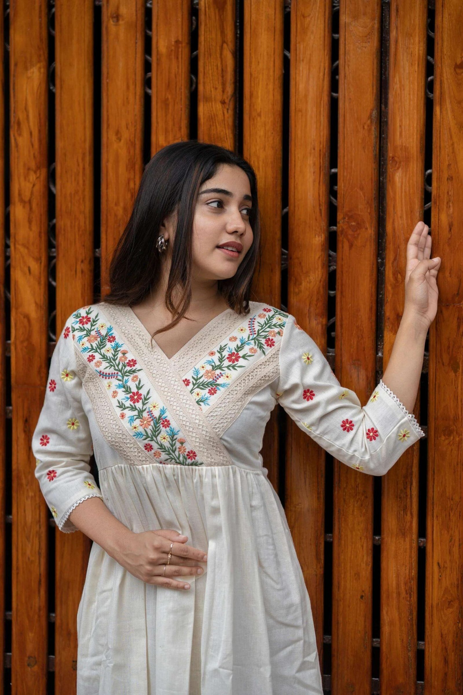 Women’s Cotton Embroidered Short Anarkali Gown (Off White)