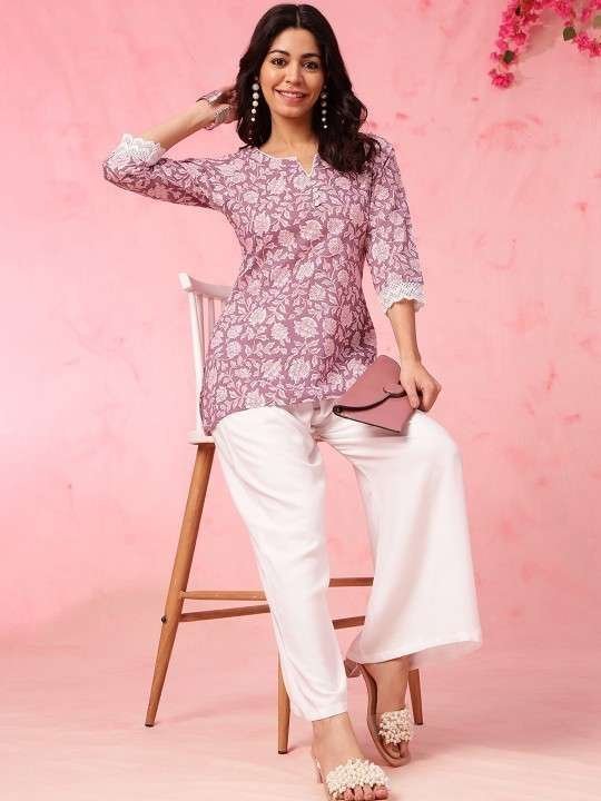 Women’s Rayon Floral Printed Straight Short Kurti Set