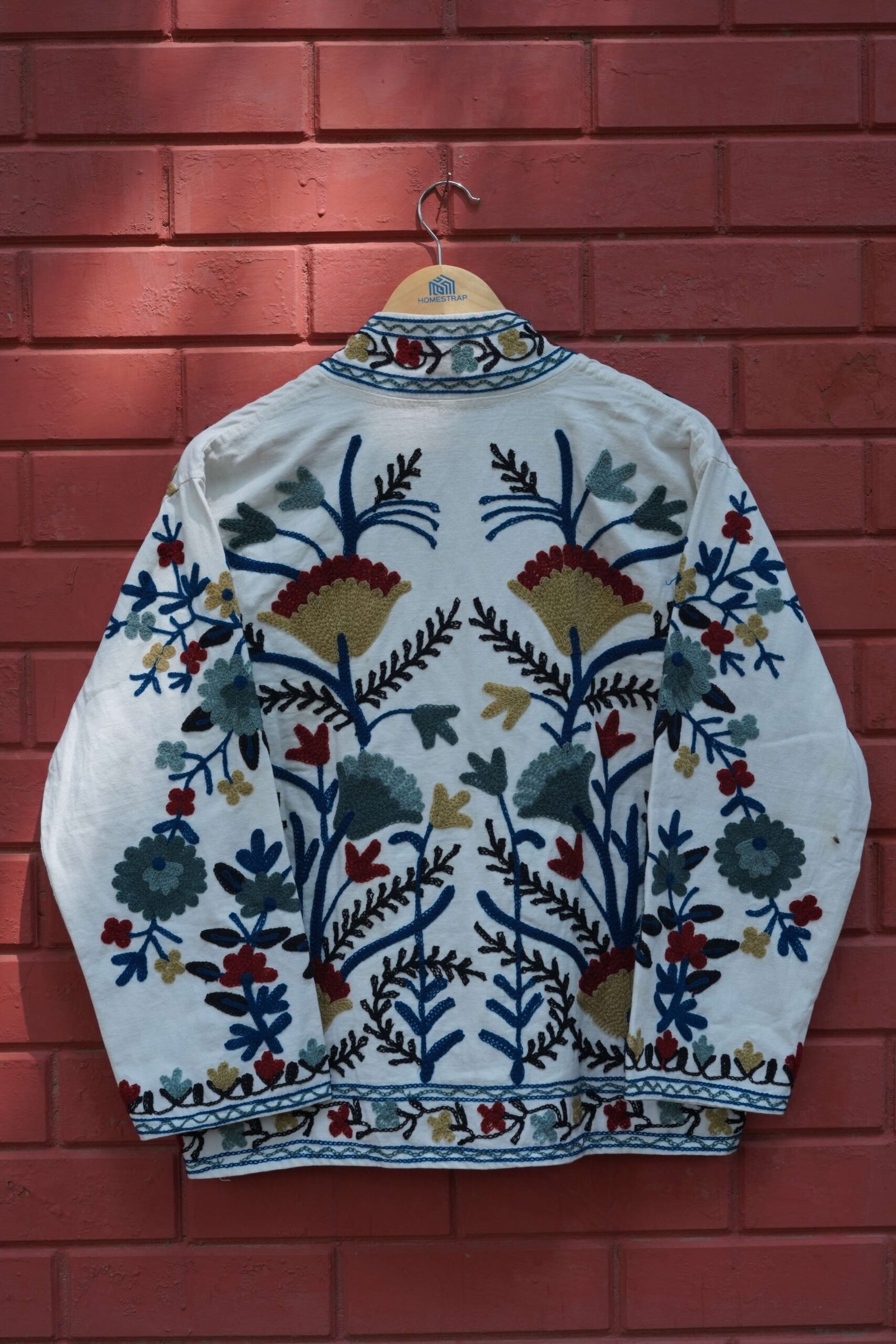 Womens White Velvet Embroidered Jacket with Floral Design
