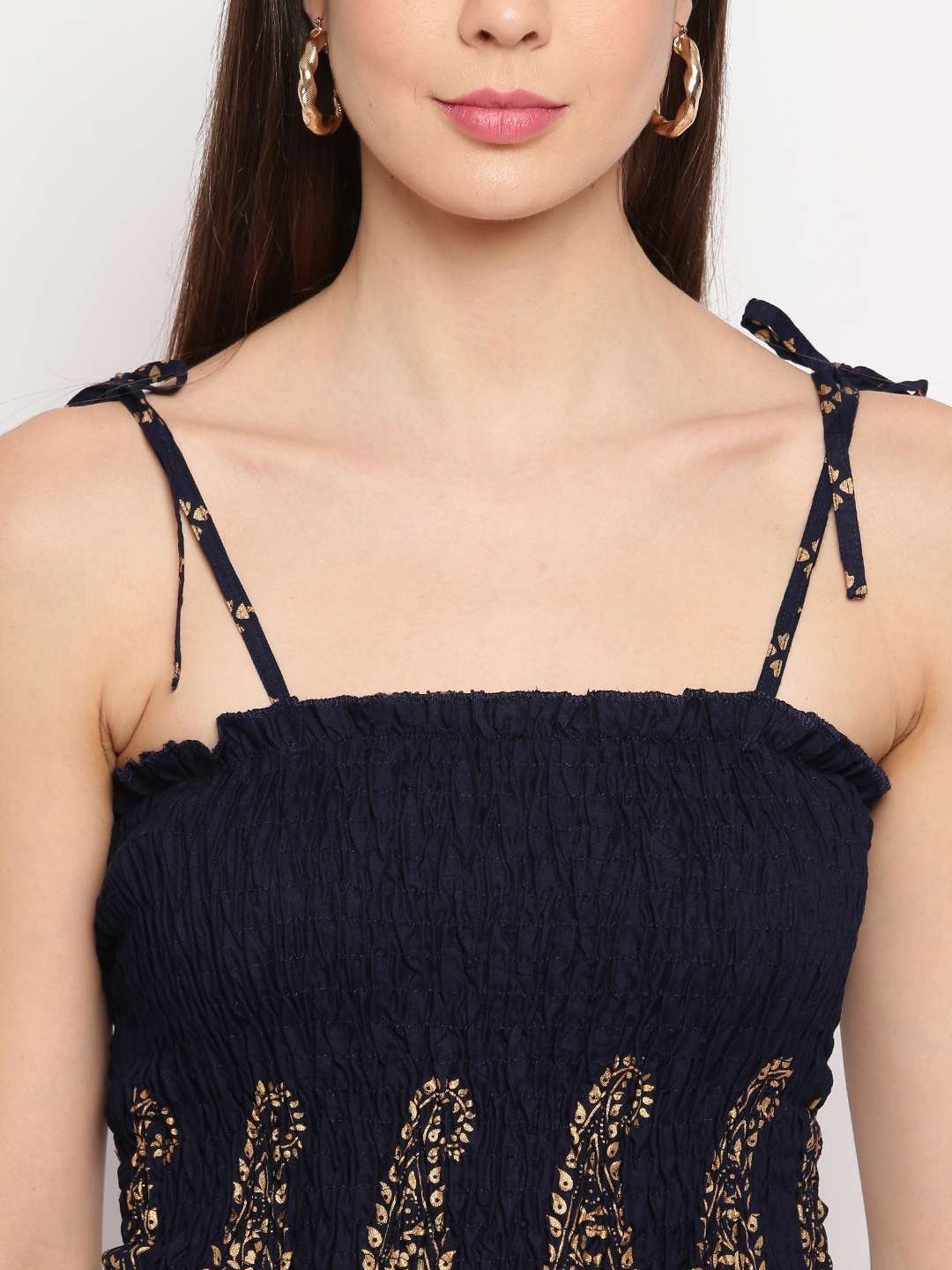 Women’s Rayon Buta Printed Casual Summer Style Tie Shoulder Straps Free Size Tank Top ( Navy Blue Gold Pattern)
