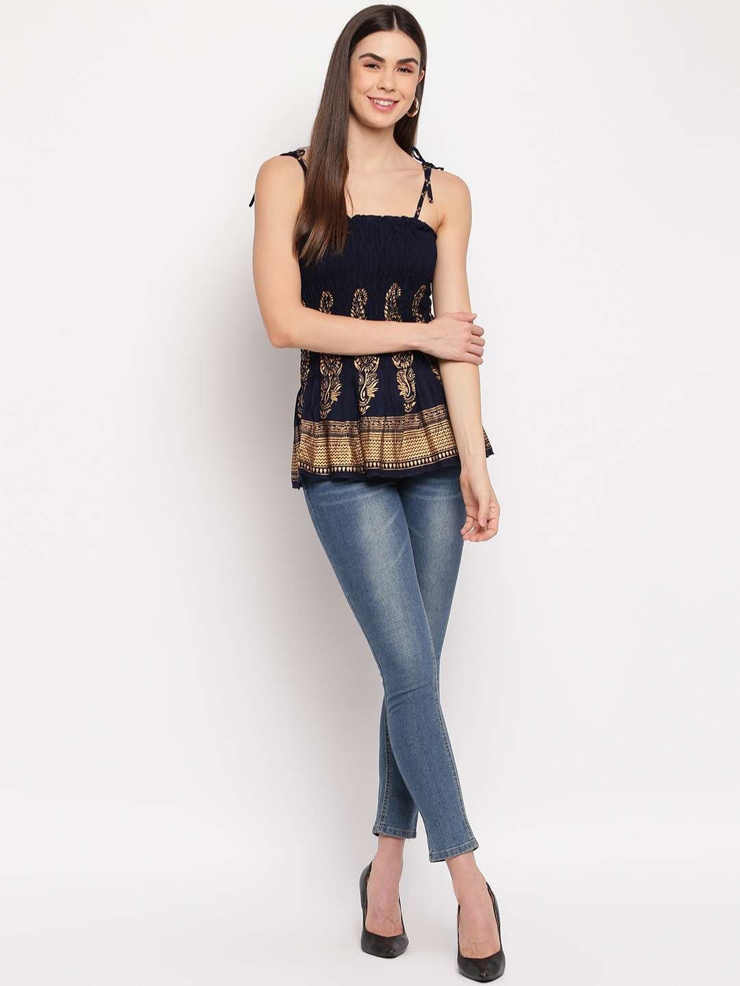 Women’s Rayon Buta Printed Casual Summer Style Tie Shoulder Straps Free Size Tank Top ( Navy Blue Gold Pattern)
