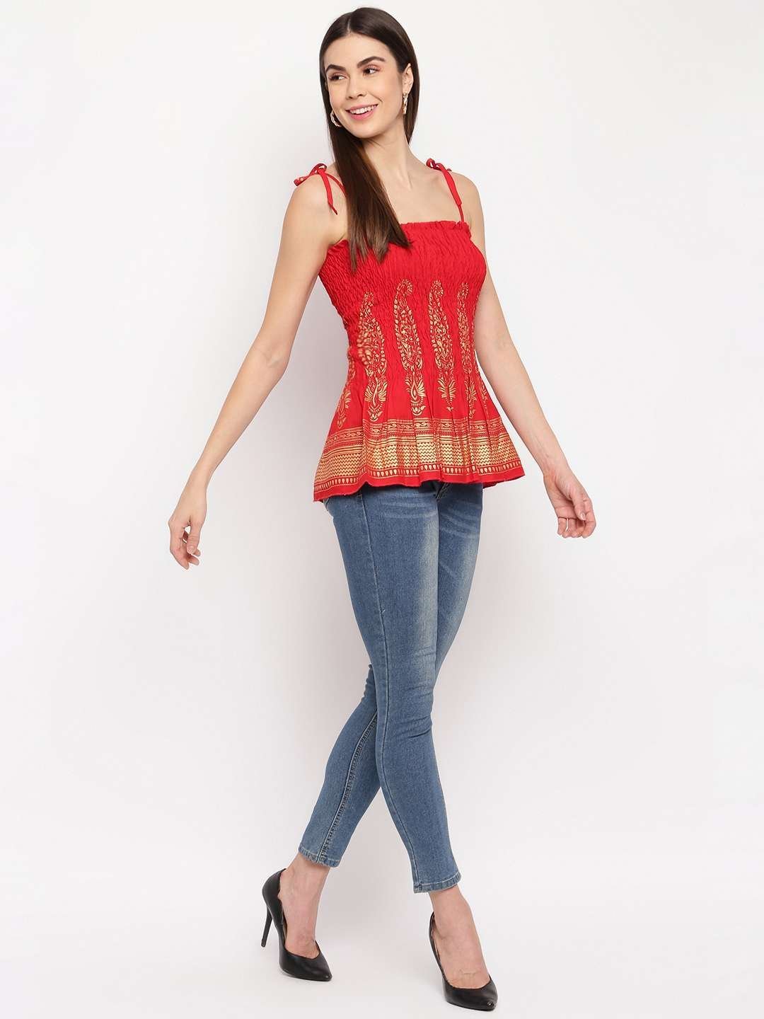 Women’s Rayon Buta Printed Casual Summer Style Tie Shoulder Straps Free Size Tank Top ( Red Gold Pattern)