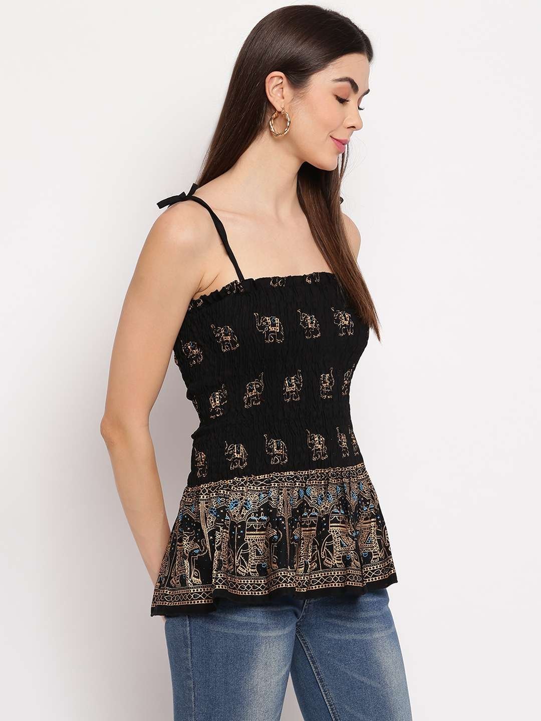Women’s Rayon Elephant Print Casual Summer Style Tie Shoulder Straps Free Size Tank Top ( Black Gold Pattern)