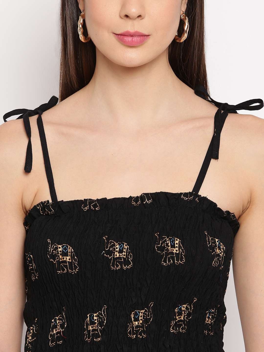 Women’s Rayon Elephant Print Casual Summer Style Tie Shoulder Straps Free Size Tank Top ( Black Gold Pattern)