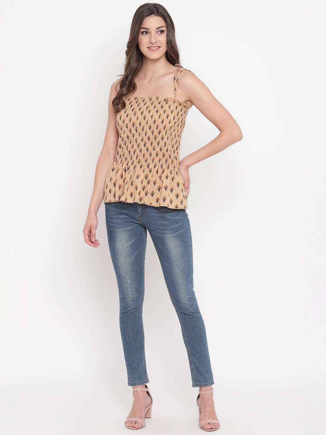 Women’s Rayon Elephant Print Casual Summer Style Tie Shoulder Straps Free Size Tank Top ( Brown Beige)
