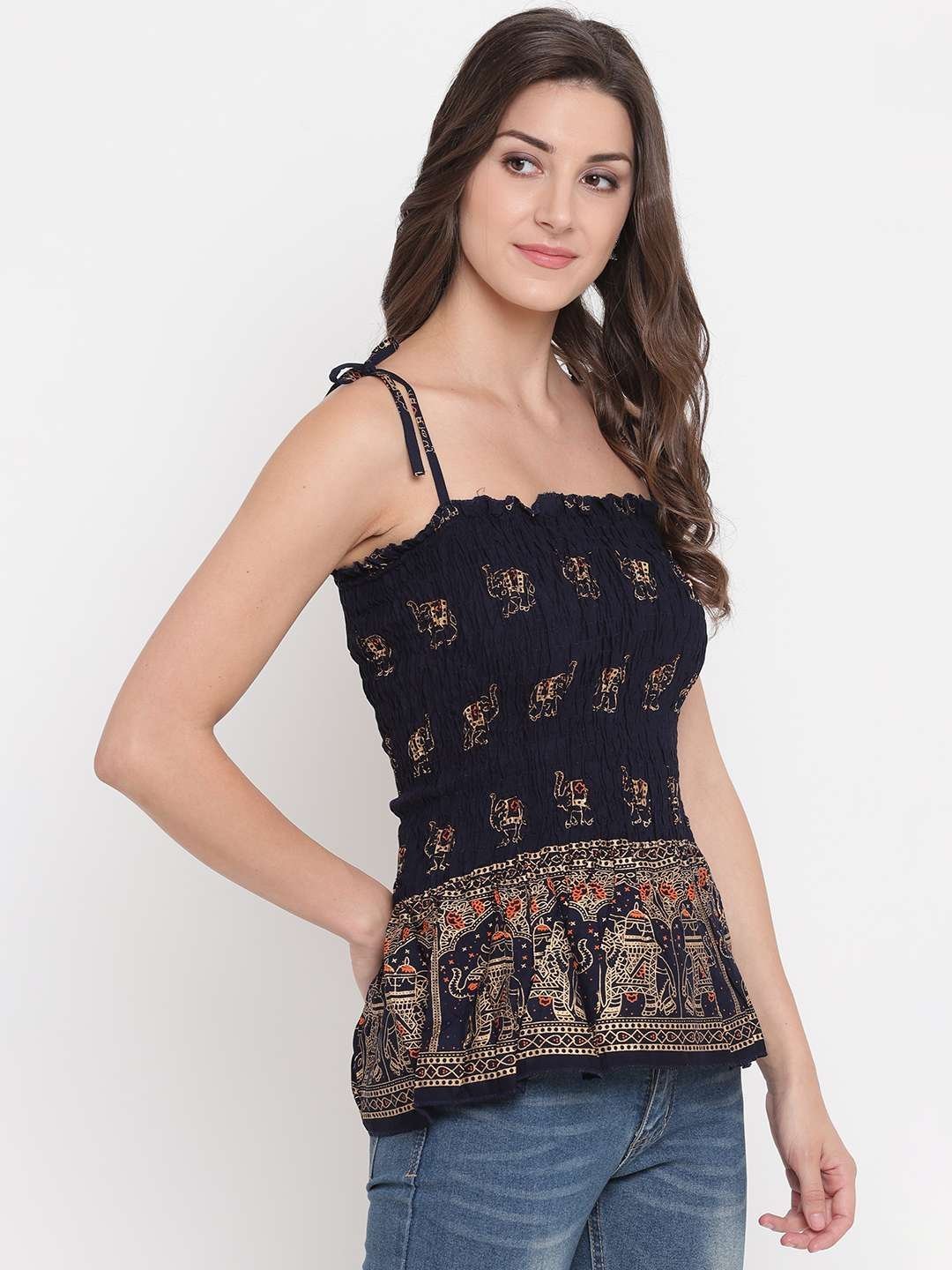 Women’s Rayon Elephant Print Casual Summer Style Tie Shoulder Straps Free Size Tank Top ( Navy Blue Gold Pattern)