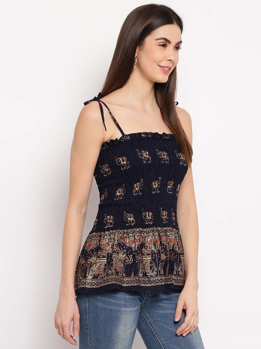 Women’s Rayon Elephant Print Casual Summer Style Tie Shoulder Straps Free Size Tank Top ( Navy Blue1 Gold Pattern)